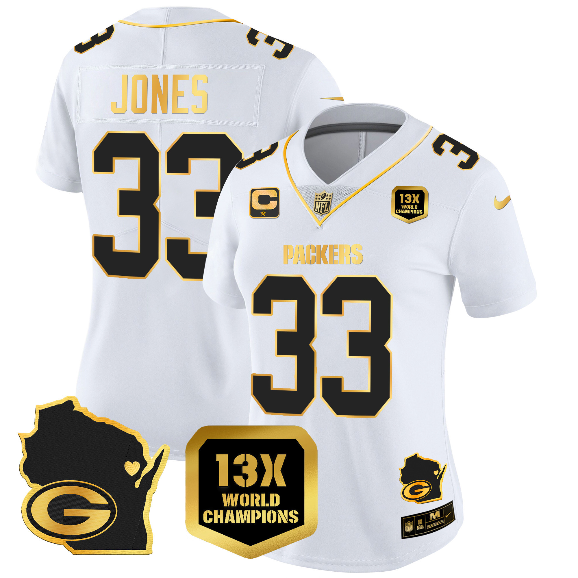 Aaron Jones Women's Green Bay Packers 13 Time World Champions & Home Patch Gold Vapor Jersey V2 Ã¯Â¿Â½ All Stitched White Gold Jersey - All Stitched