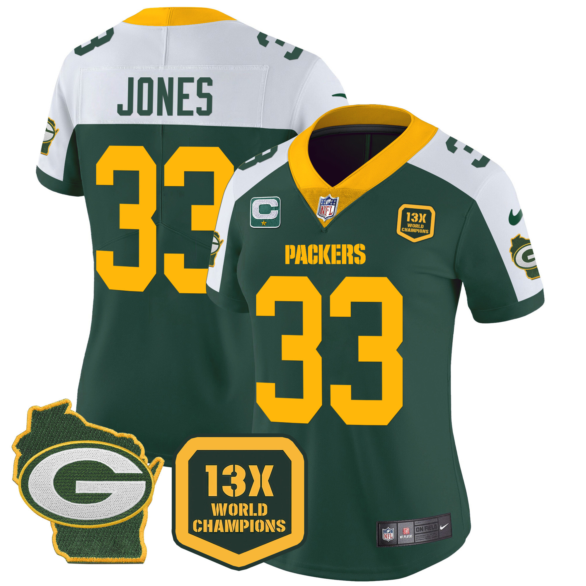 Aaron Jones Women's Green Bay Packers 13 Time World Champions & Home Patch Vapor Jersey Ã¯Â¿Â½ All Stitched Alternate Jersey - All Stitched