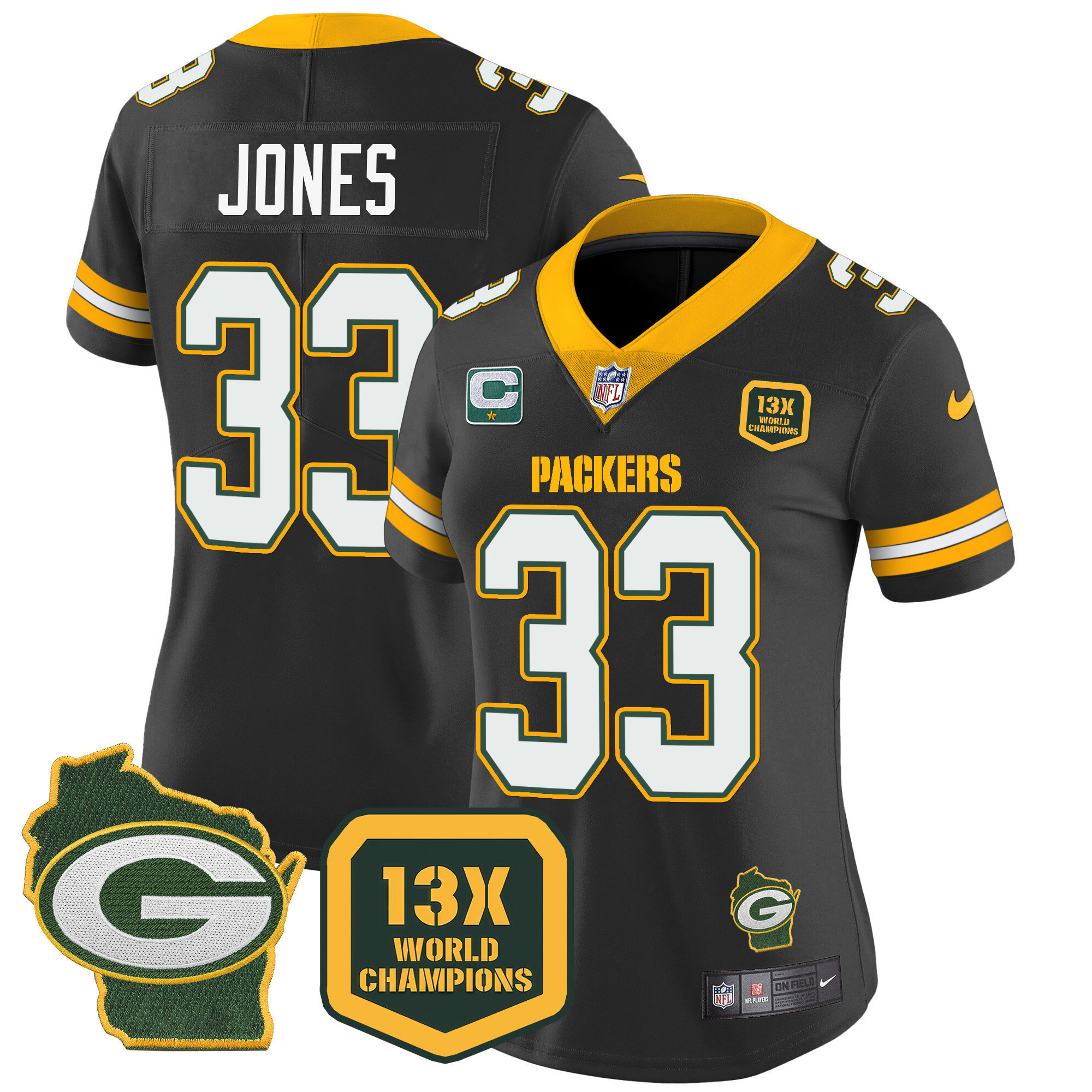 Aaron Jones Women's Green Bay Packers 13 Time World Champions & Home Patch Vapor Jersey Ã¯Â¿Â½ All Stitched Black Jersey - All Stitched