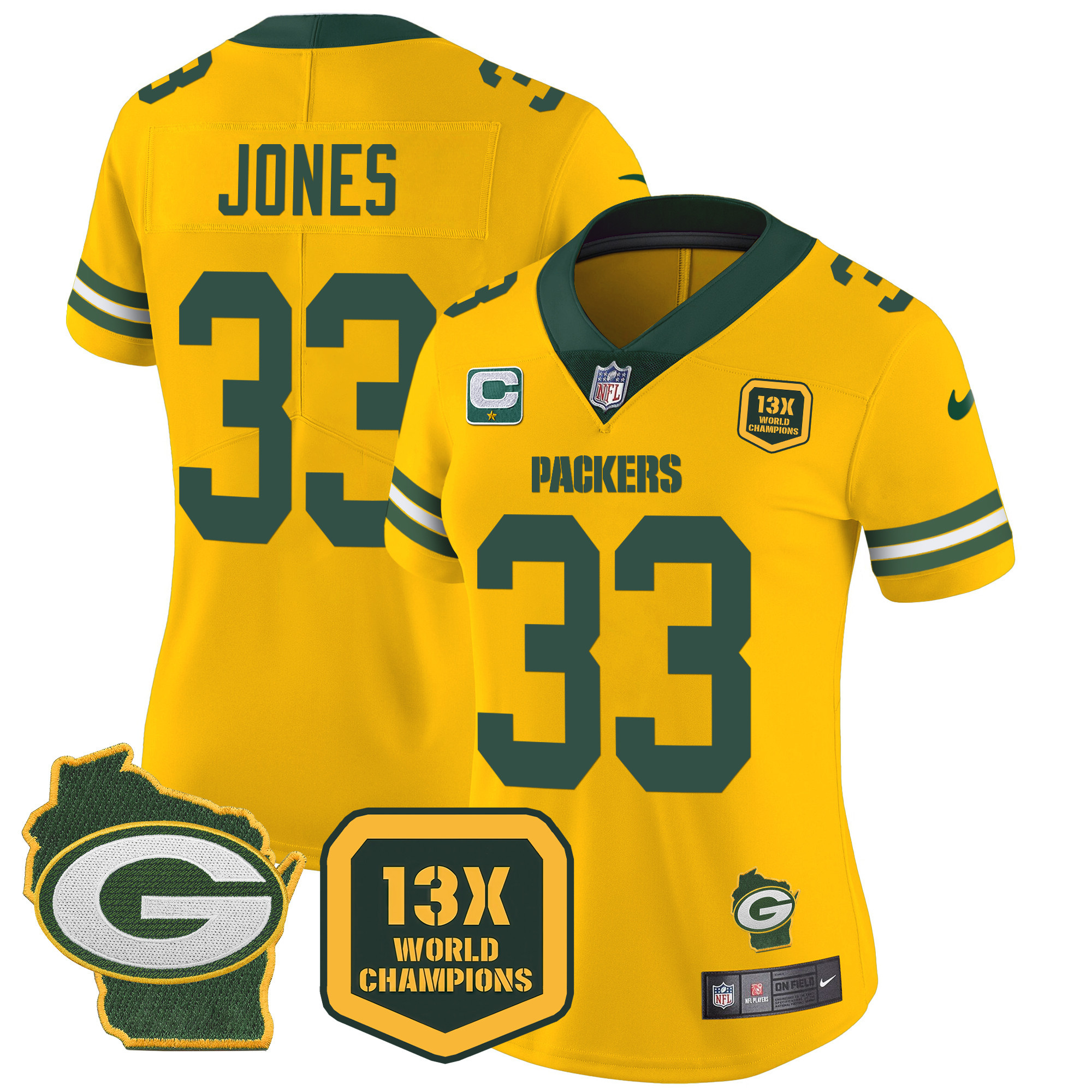 Aaron Jones Women's Green Bay Packers 13 Time World Champions & Home Patch Vapor Jersey Ã¯Â¿Â½ All Stitched Gold Jersey - All Stitched