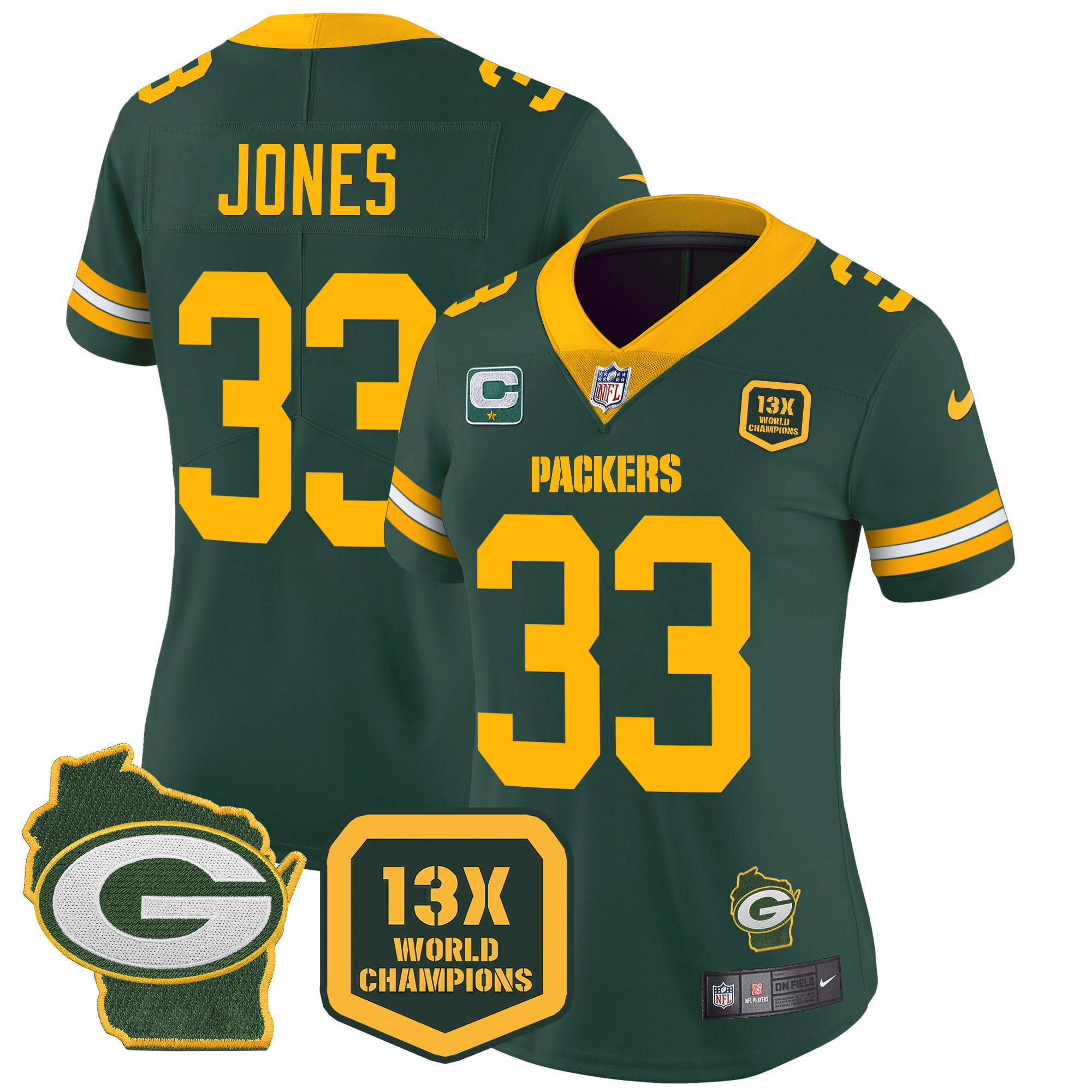 Aaron Jones Women's Green Bay Packers 13 Time World Champions & Home Patch Vapor Jersey Ã¯Â¿Â½ All Stitched Green Jersey - All Stitched