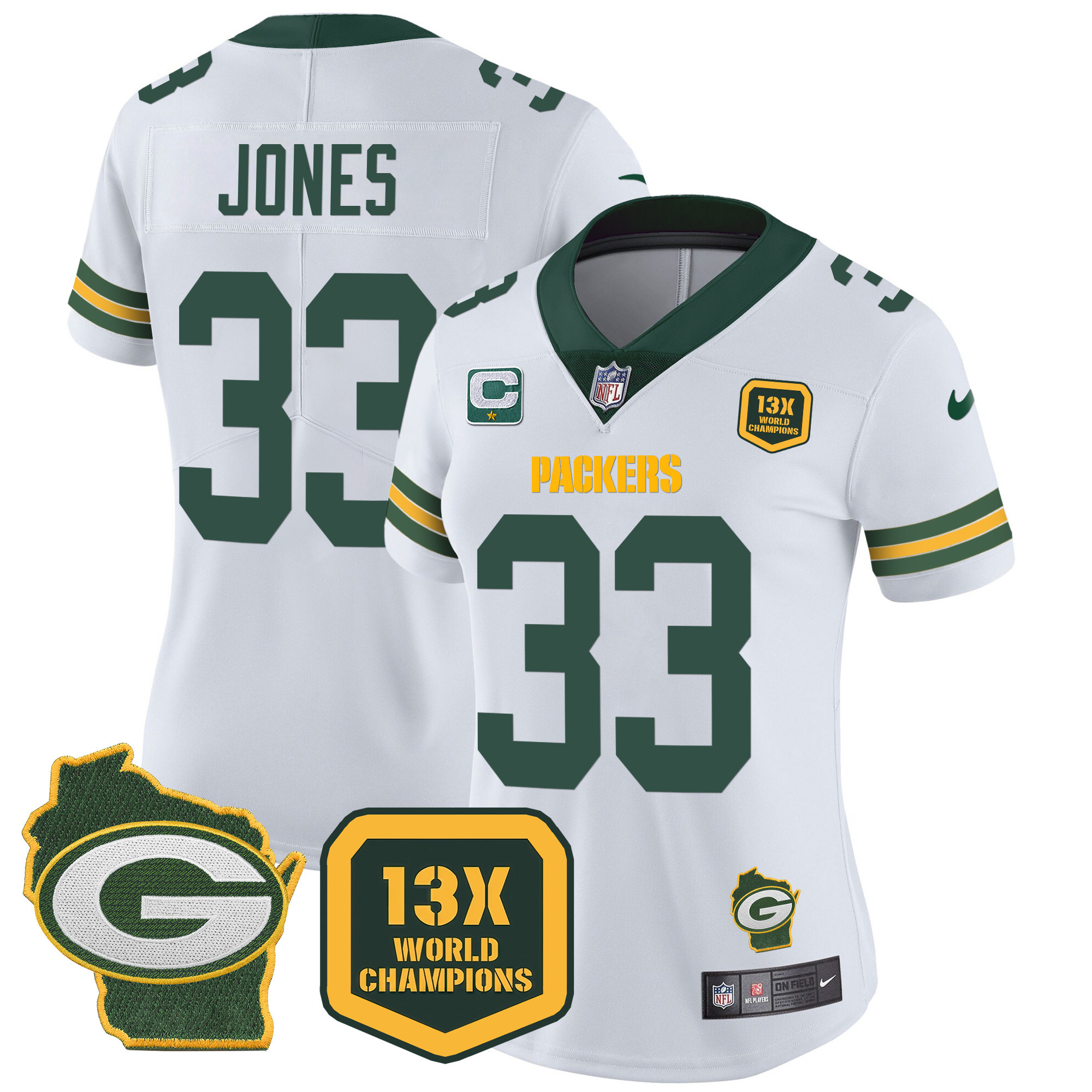 Aaron Jones Women's Green Bay Packers 13 Time World Champions & Home Patch Vapor Jersey Ã¯Â¿Â½ All Stitched White Jersey - All Stitched