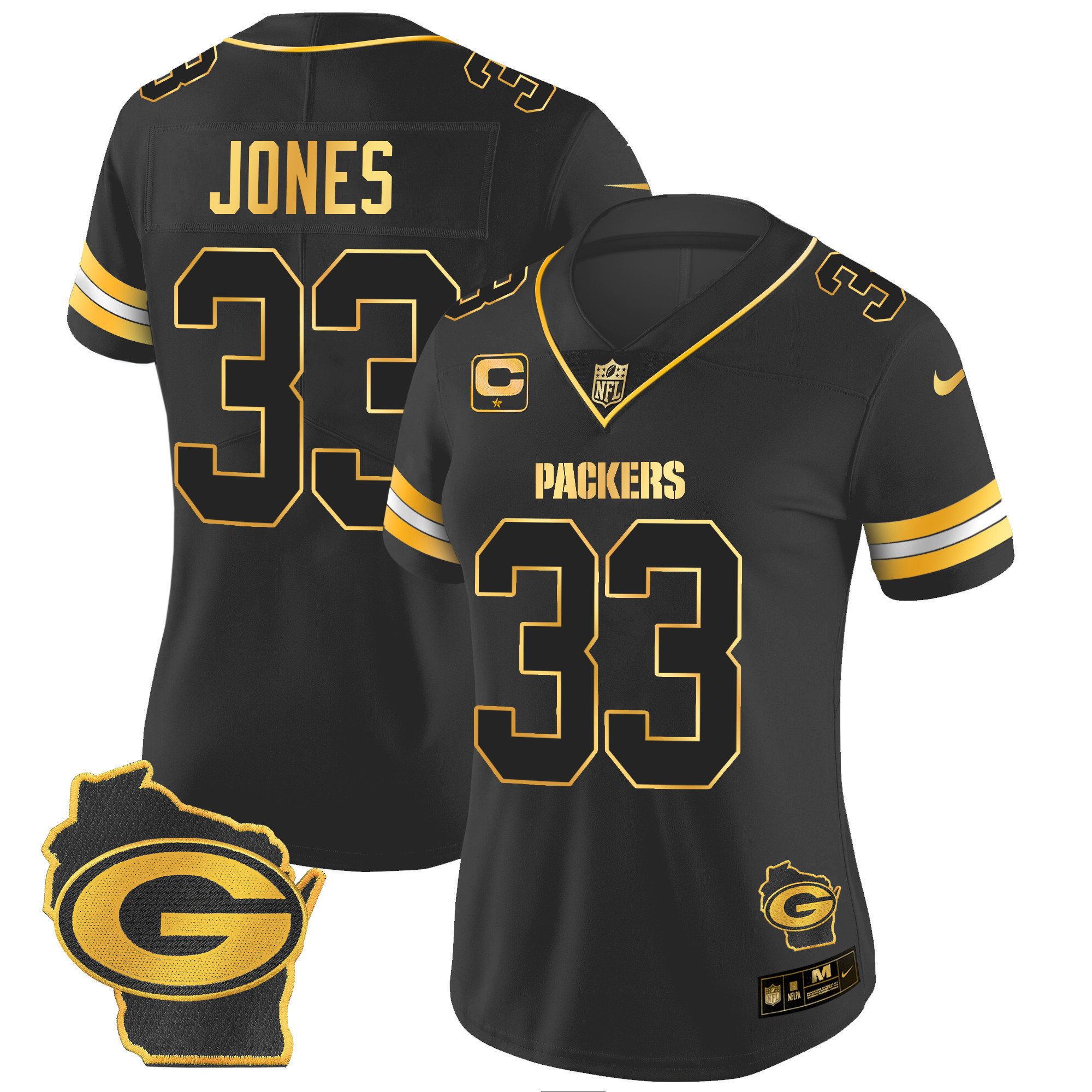 Aaron Jones Women's Green Bay Packers Home Patch Gold Vapor Black Gold Jersey - All Stitched