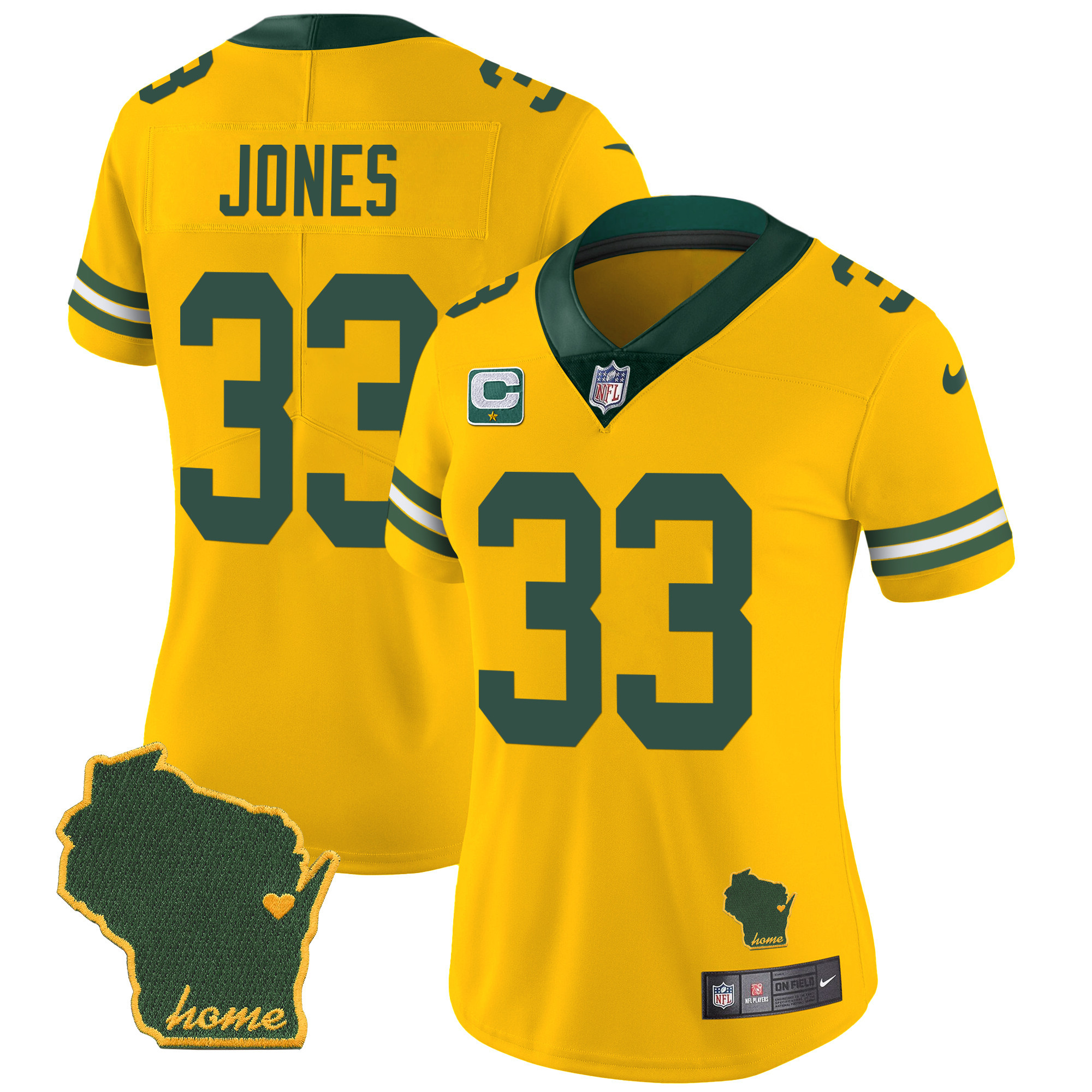 Aaron Jones Women's Green Bay Packers Home Patch Vapor Gold Jersey - All Stitched