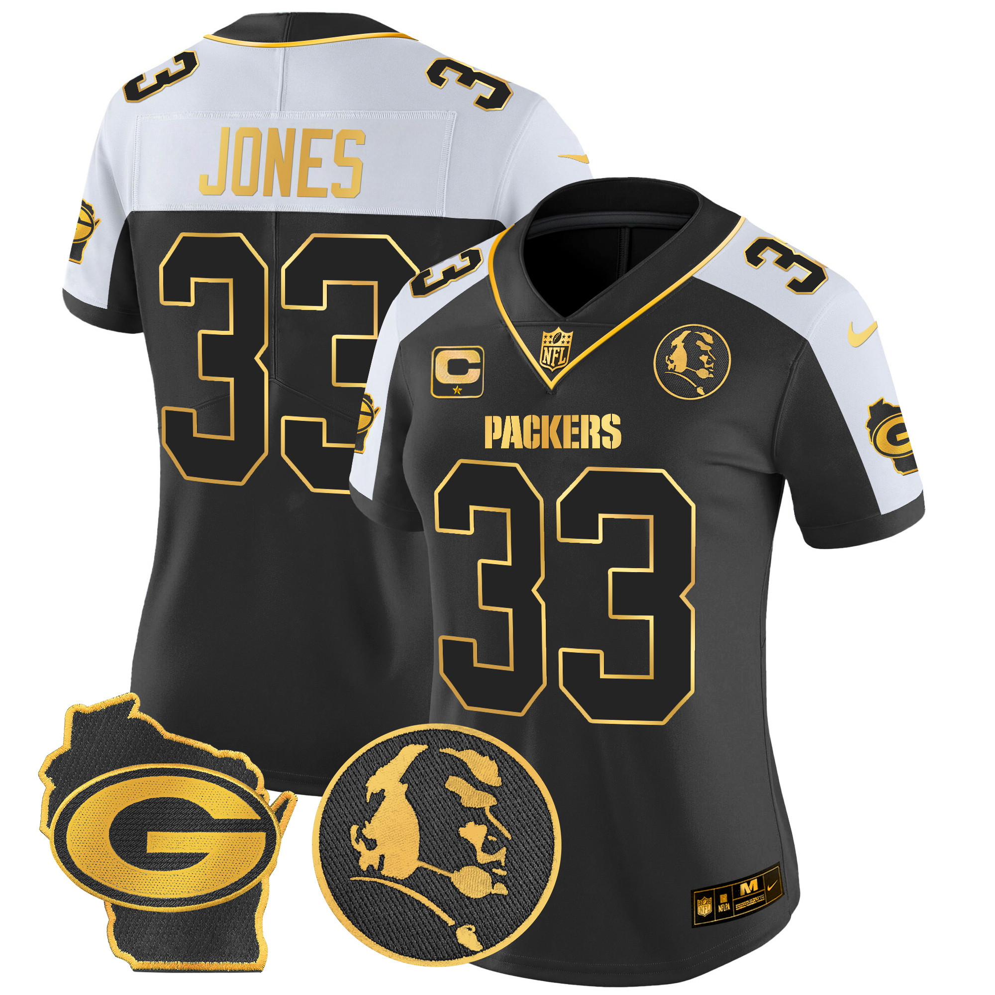 Aaron Jones Women's Green Bay Packers John Madden & Home Patch Gold Vapor Limited Alternate Jersey - All Stitched