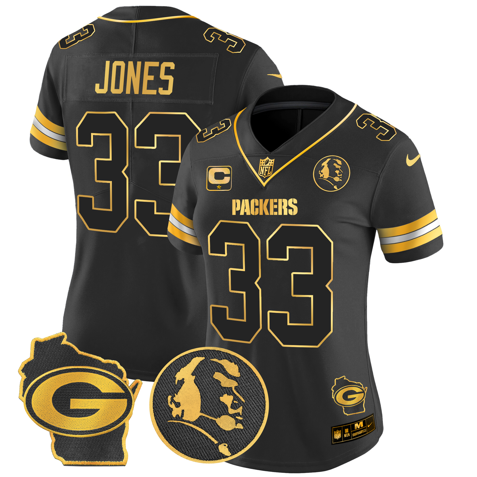 Aaron Jones Women's Green Bay Packers John Madden & Home Patch Gold Vapor Limited Black Gold Jersey - All Stitched