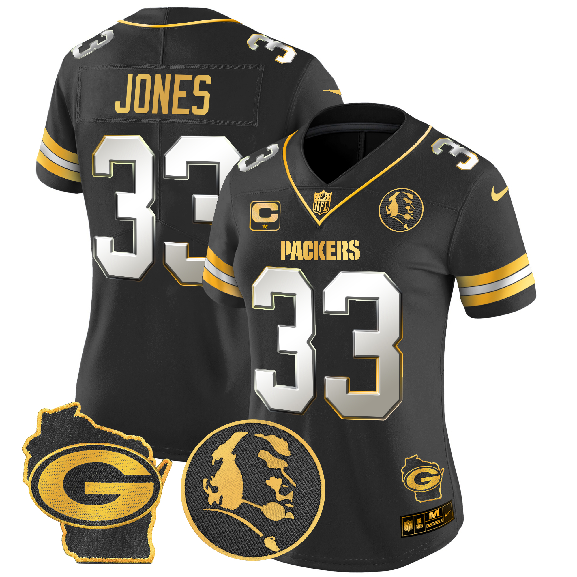Aaron Jones Women's Green Bay Packers John Madden & Home Patch Gold Vapor Limited Black Limited Jersey - All Stitched