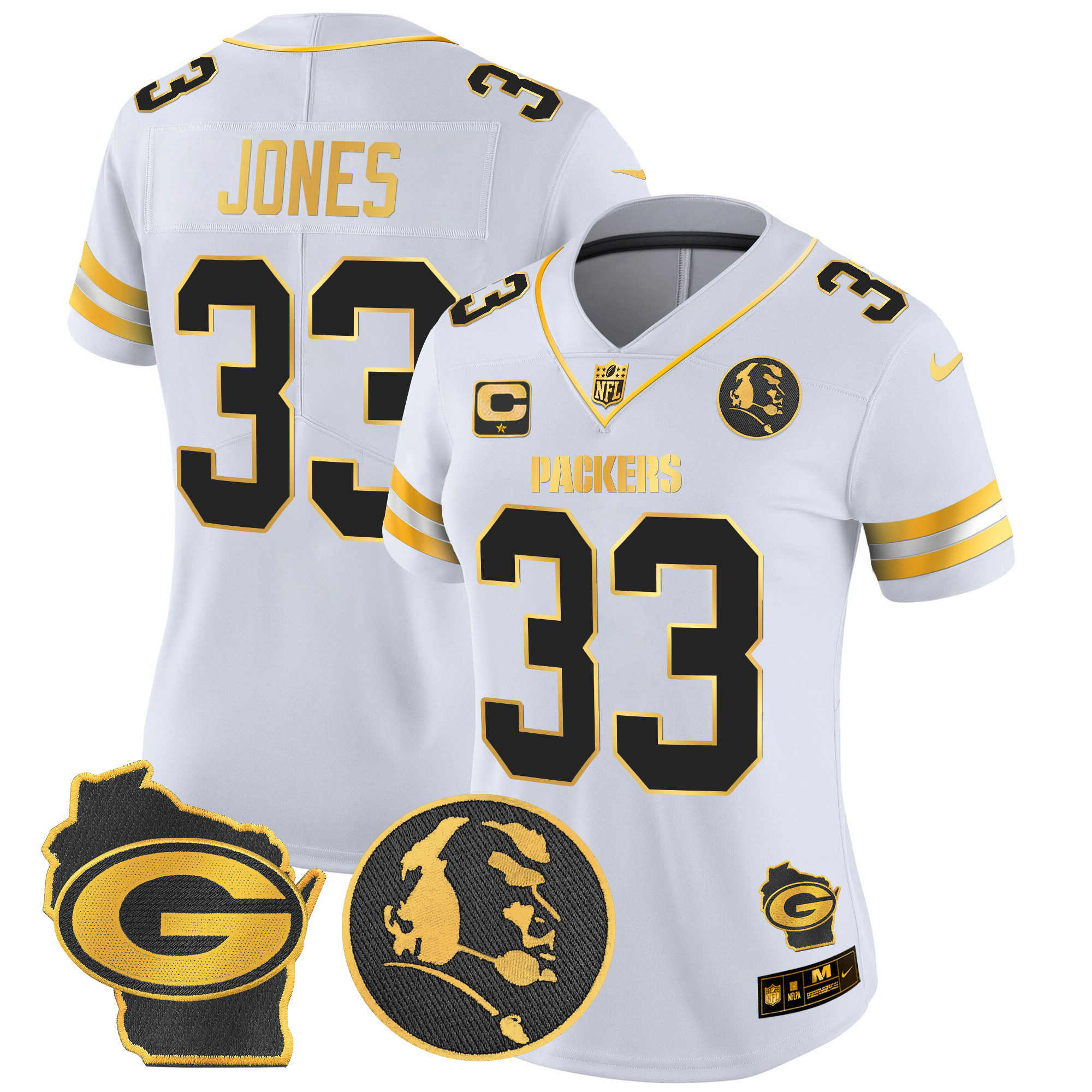 Aaron Jones Women's Green Bay Packers John Madden & Home Patch Gold Vapor Limited White Gold Jersey - All Stitched