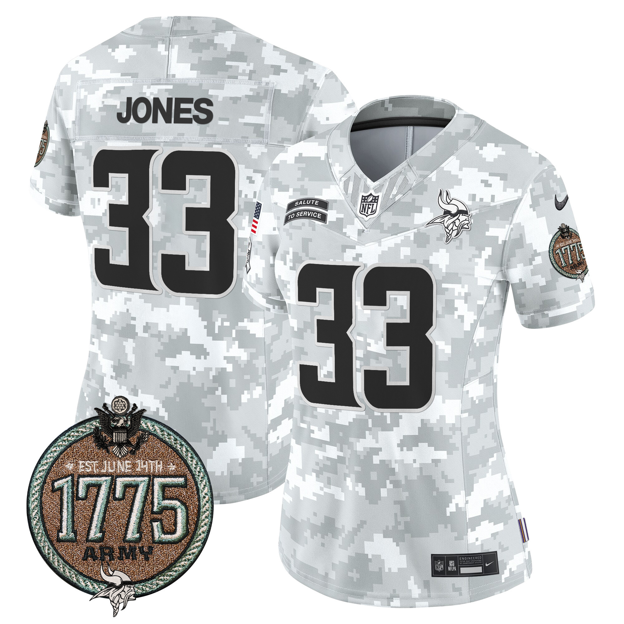Aaron Jones Women's Minnesota Vikings 2024 Salute to Service Establishment Year Patch Vapor Limited Army Jersey - All Stitched