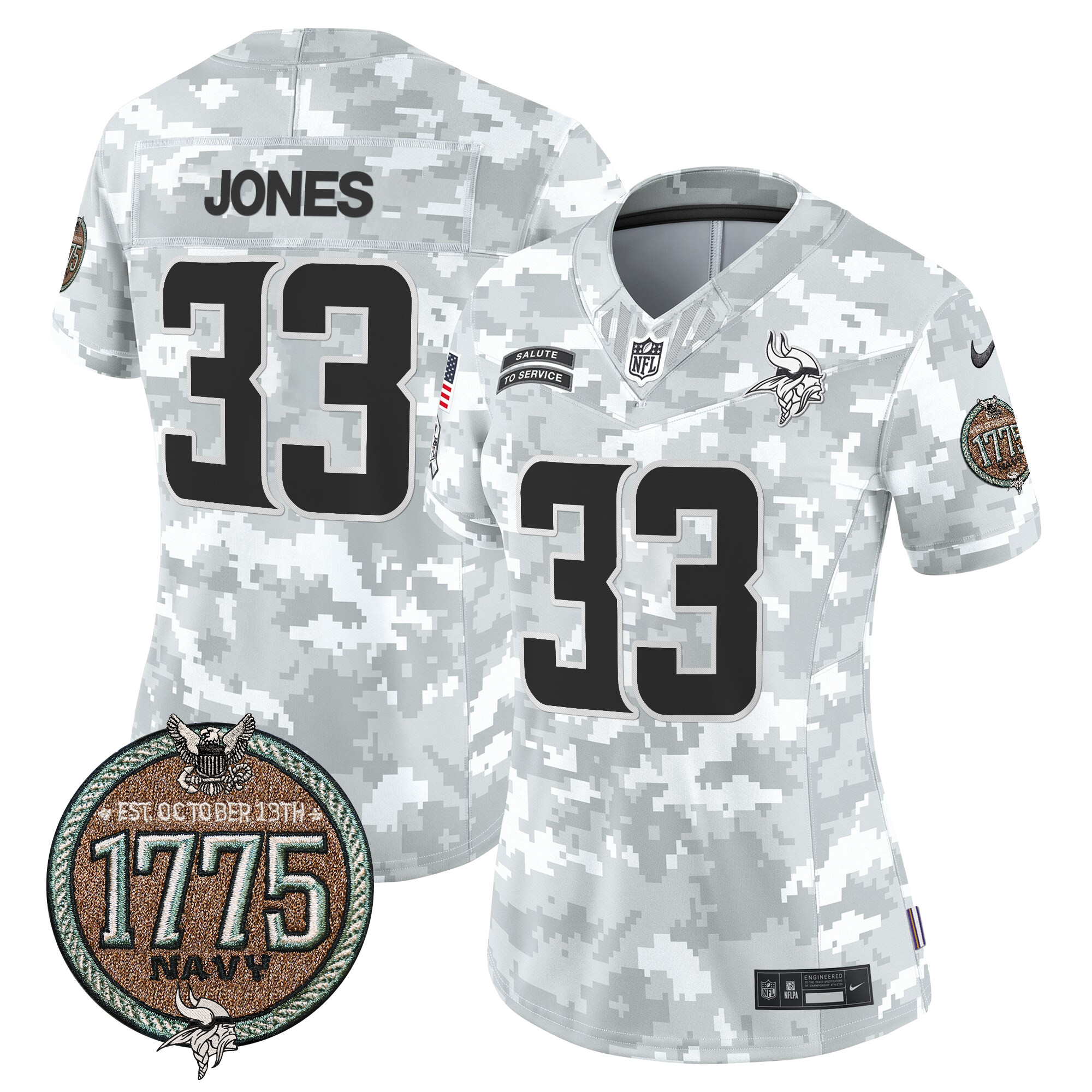 Aaron Jones Women's Minnesota Vikings 2024 Salute to Service Establishment Year Patch Vapor Limited Navy Jersey - All Stitched