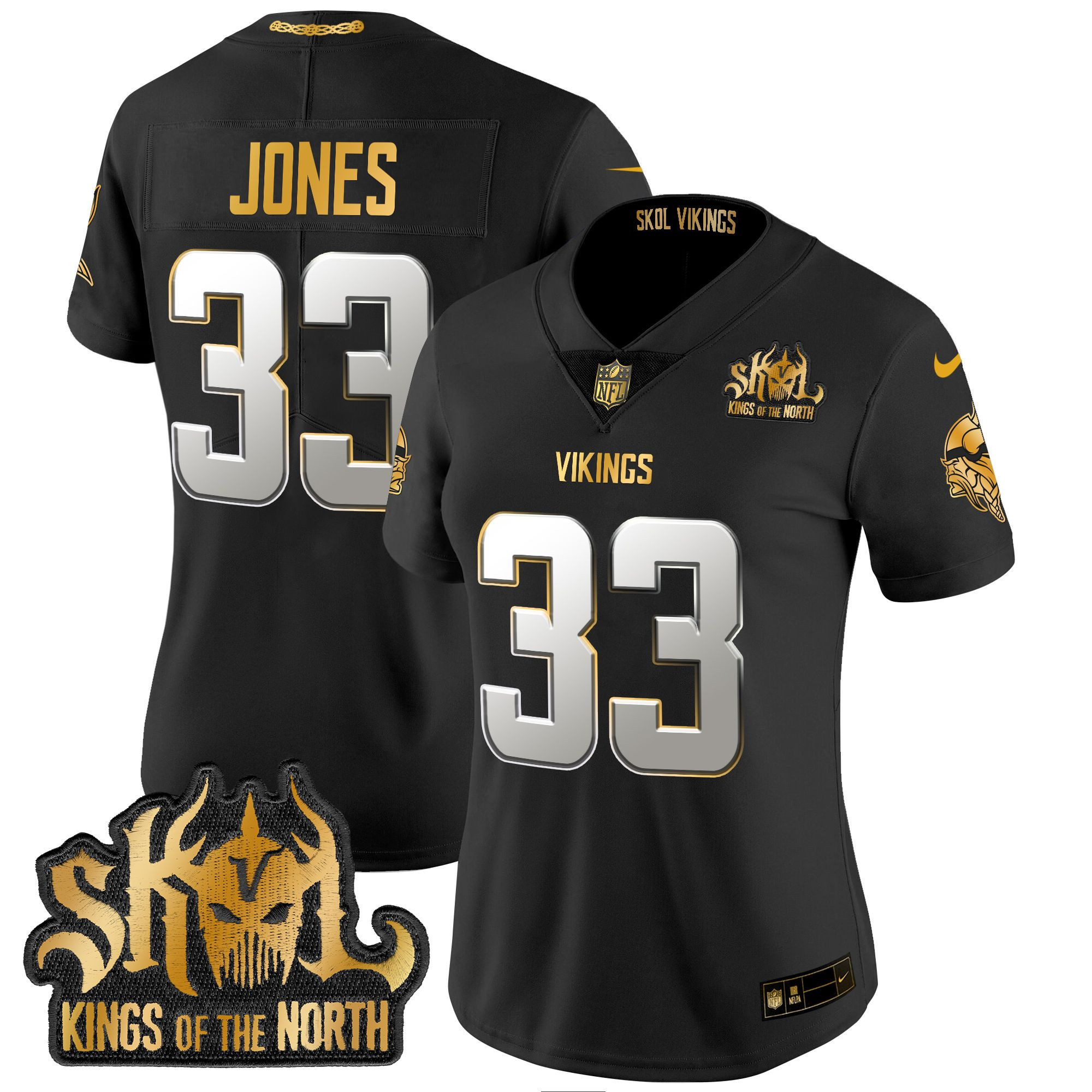 Aaron Jones Women's Minnesota Vikings 2024 Winter Warrior Skol Patch Gold Vapor Limited Black Limited Jersey - All Stitched