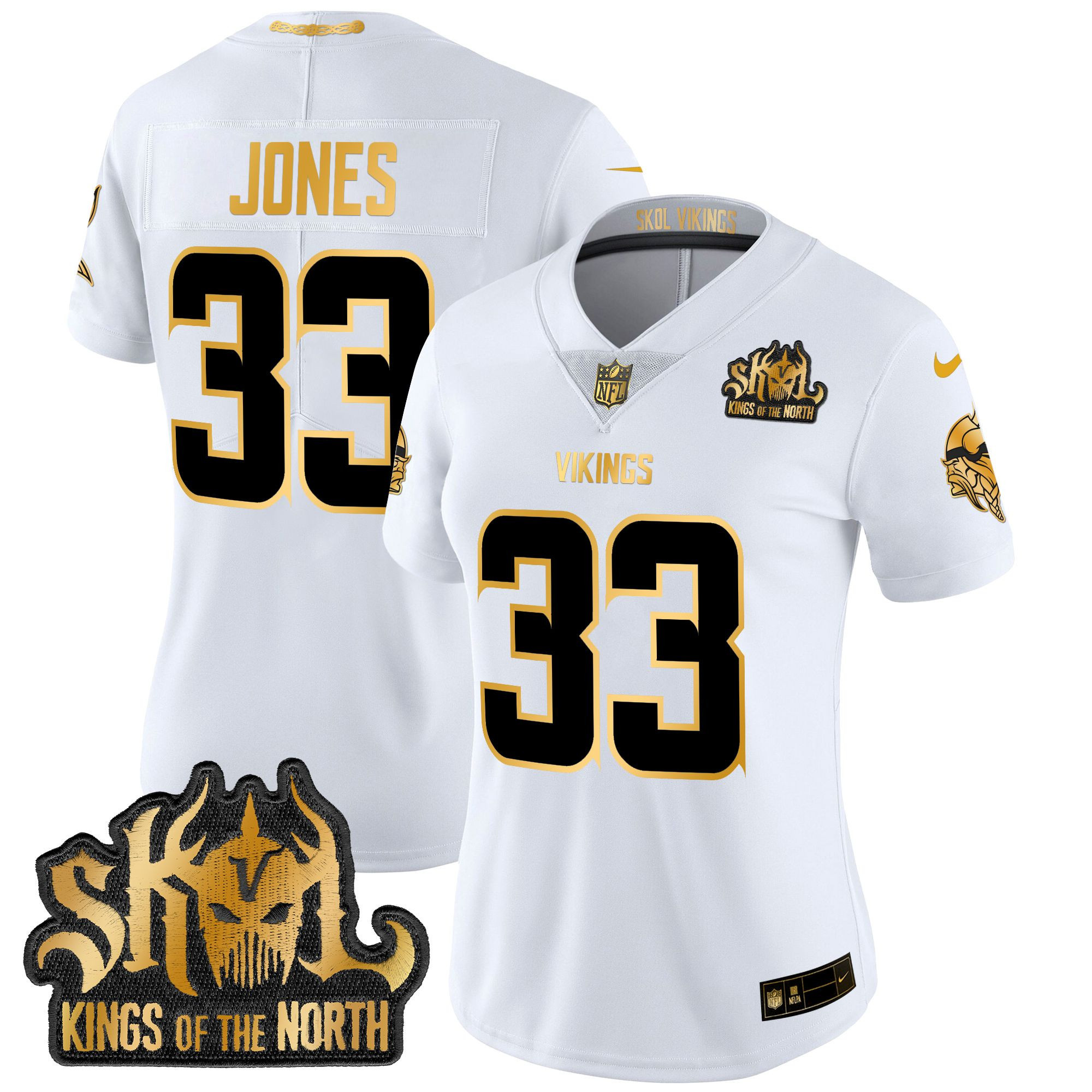 Aaron Jones Women's Minnesota Vikings 2024 Winter Warrior Skol Patch Gold Vapor Limited White Gold Jersey - All Stitched