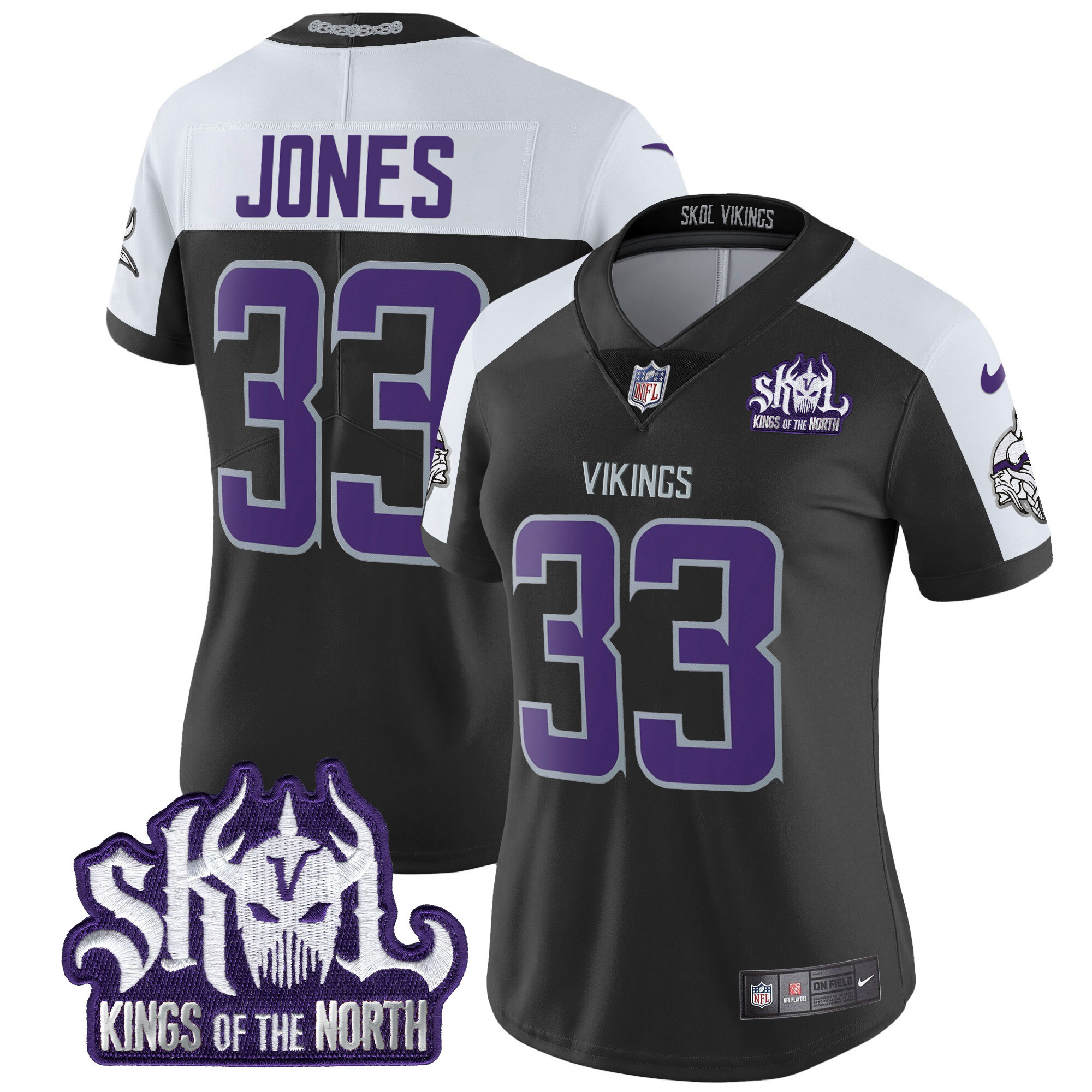 Aaron Jones Women's Minnesota Vikings 2024 Winter Warrior Skol Patch Vapor Limited Black Alternate Jersey - All Stitched
