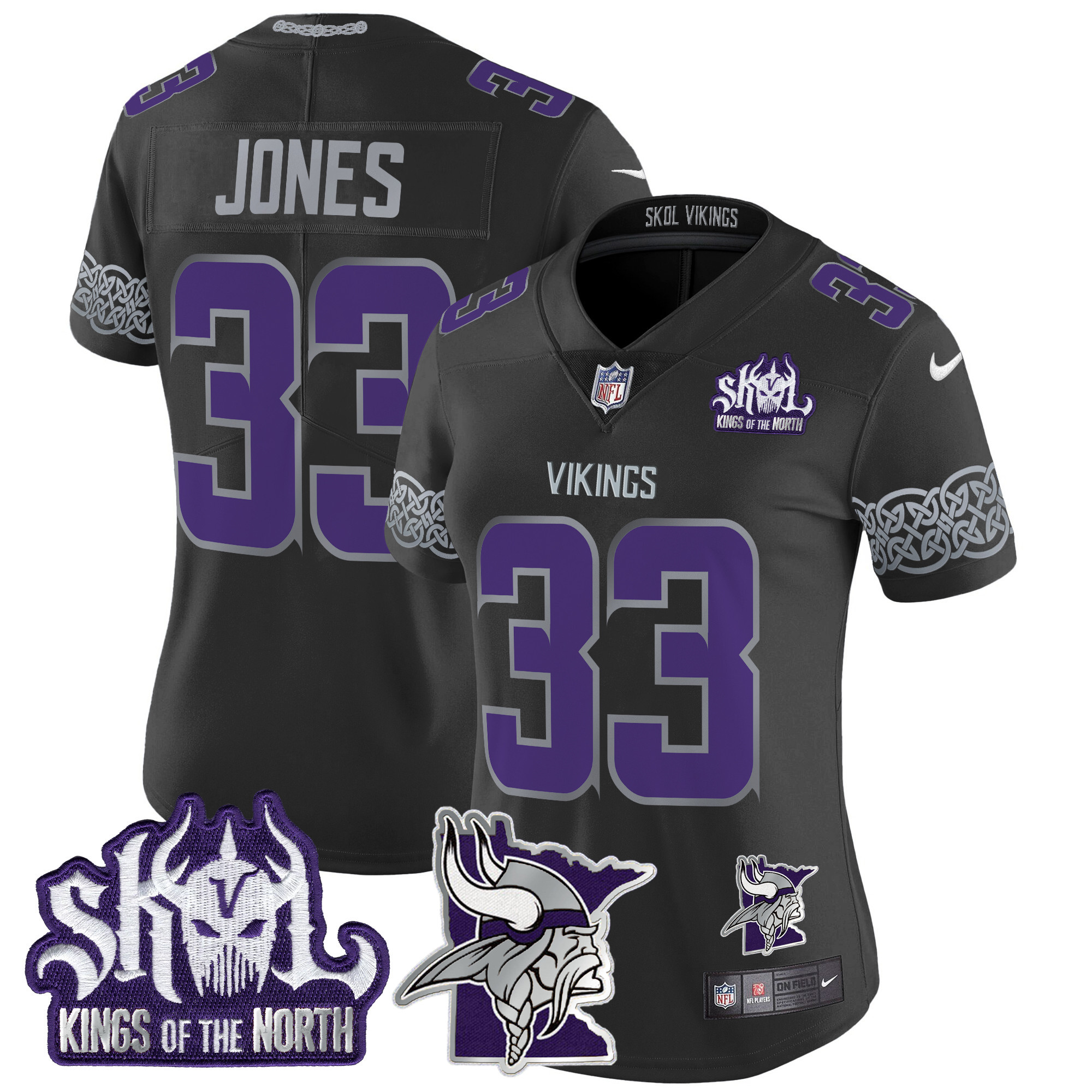 Aaron Jones Women's Minnesota Vikings 2024 Winter Warrior Skol Patch Vapor Limited Black Jersey - All Stitched