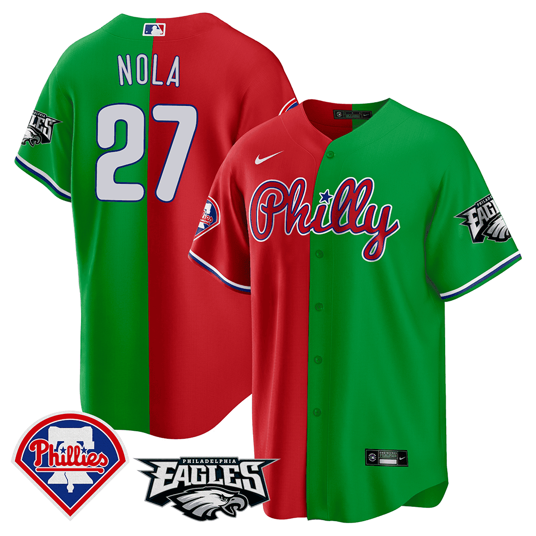 Aaron Nola Men's Split Phillies - Philadelphia Eagles Cool Base Red - Green Jersey - All Stitched