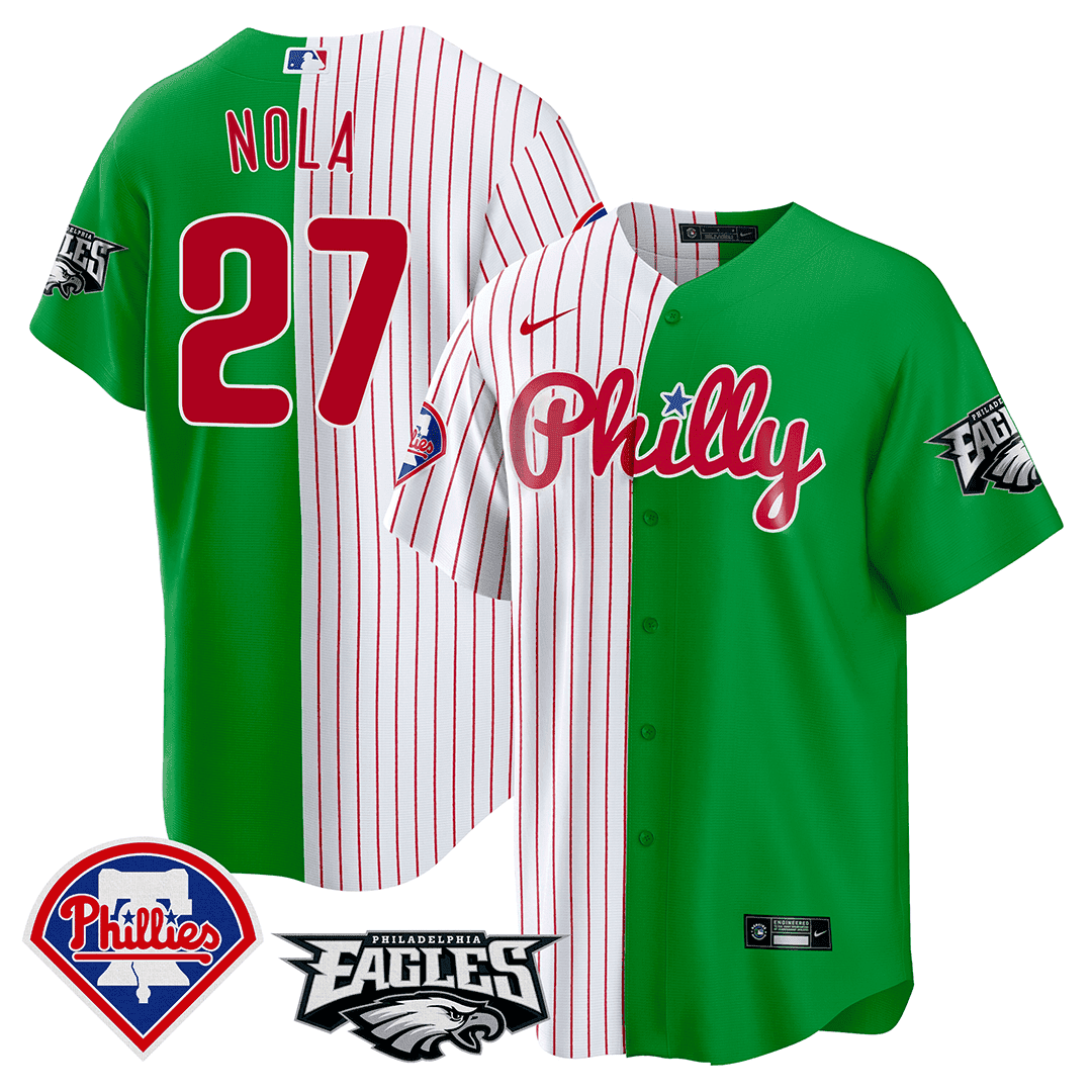 Aaron Nola Men's Split Phillies - Philadelphia Eagles Cool Base Stripes - Green Jersey - All Stitched