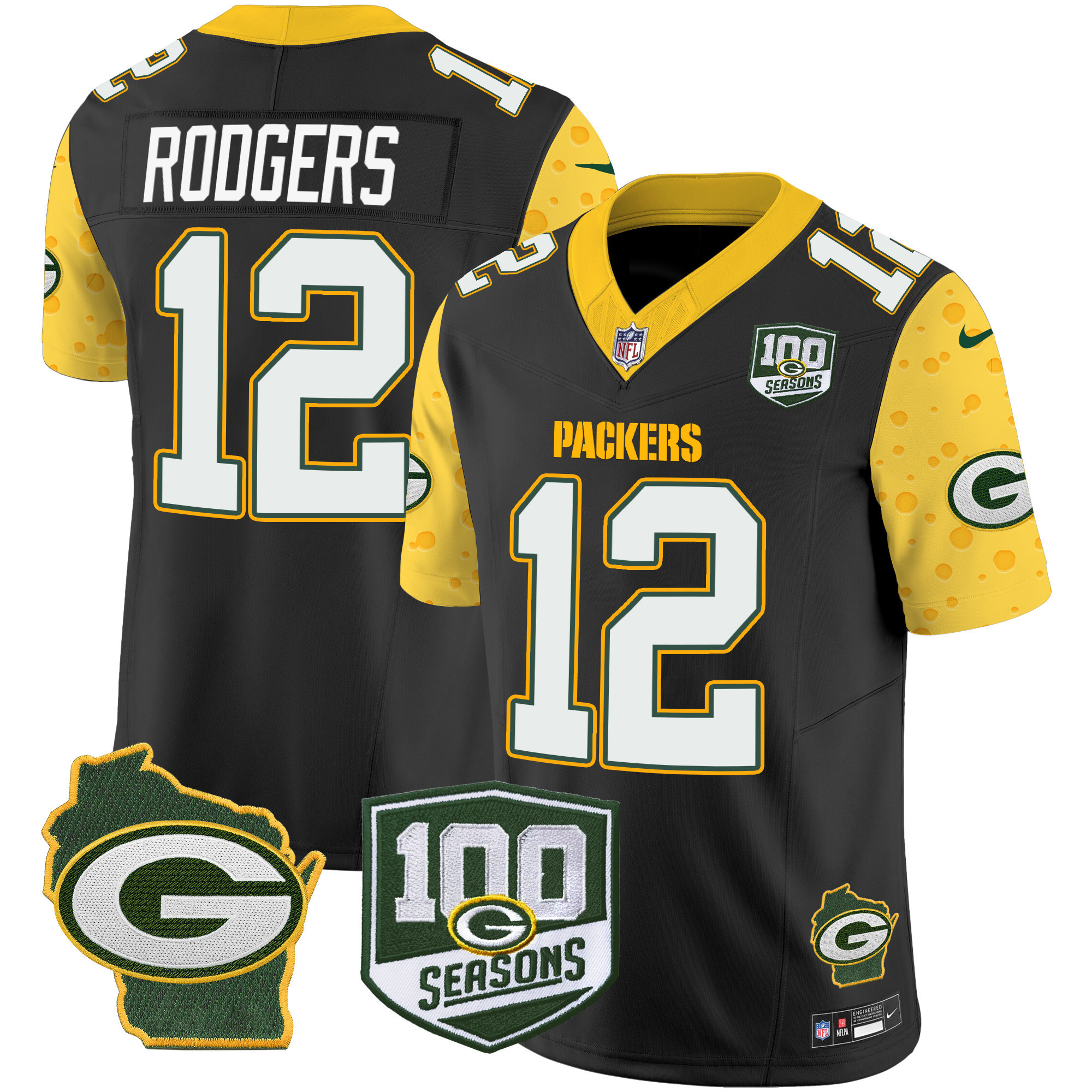 Aaron Rodgers Men's Green Bay Packers 100th Season & Home Patch Cheese Vapor Limited Jersey ÃƒÂ¢Ã¢â€šÂ¬Ã¢â‚¬Å“ All Stitched Black Jersey - All Stitched