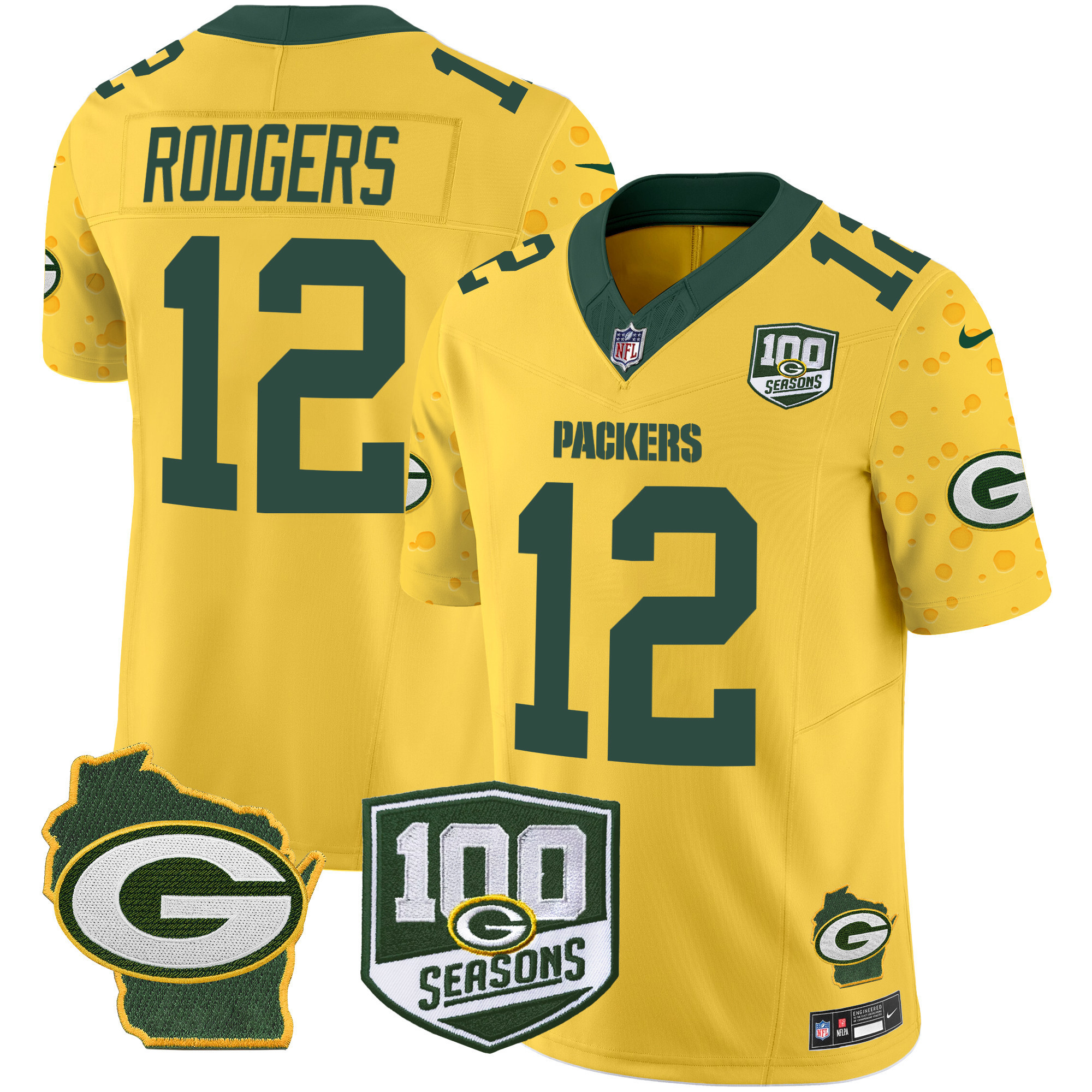 Aaron Rodgers Men's Green Bay Packers 100th Season & Home Patch Cheese Vapor Limited Jersey ÃƒÂ¢Ã¢â€šÂ¬Ã¢â‚¬Å“ All Stitched Gold Jersey - All Stitched