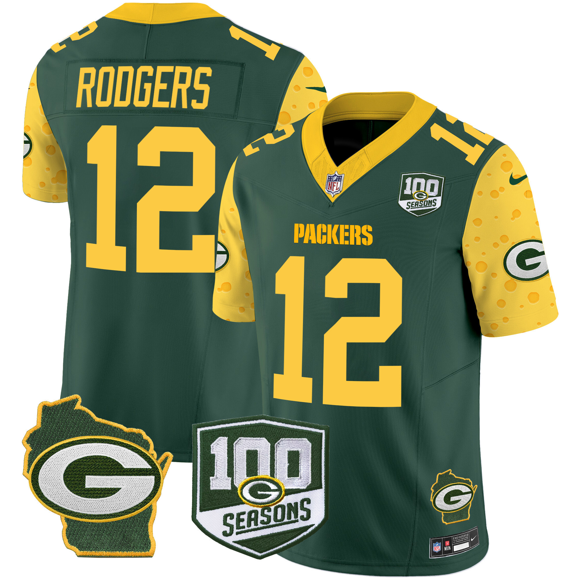 Aaron Rodgers Men's Green Bay Packers 100th Season & Home Patch Cheese Vapor Limited Jersey Ã¢â‚¬â€œ All Stitched Green Jersey - All Stitched