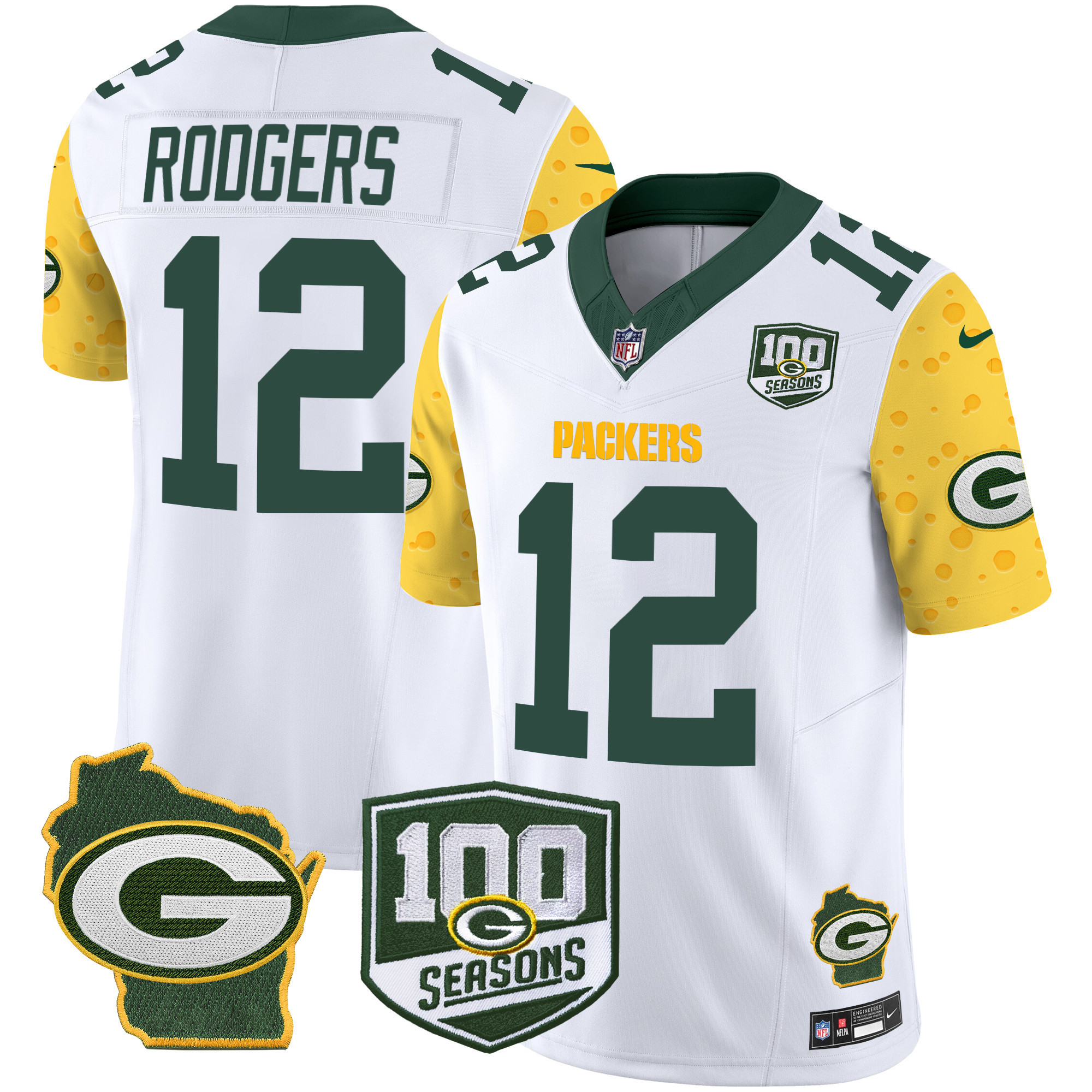 Aaron Rodgers Men's Green Bay Packers 100th Season & Home Patch Cheese Vapor Limited Jersey ÃƒÂ¢Ã¢â€šÂ¬Ã¢â‚¬Å“ All Stitched White Jersey - All Stitched