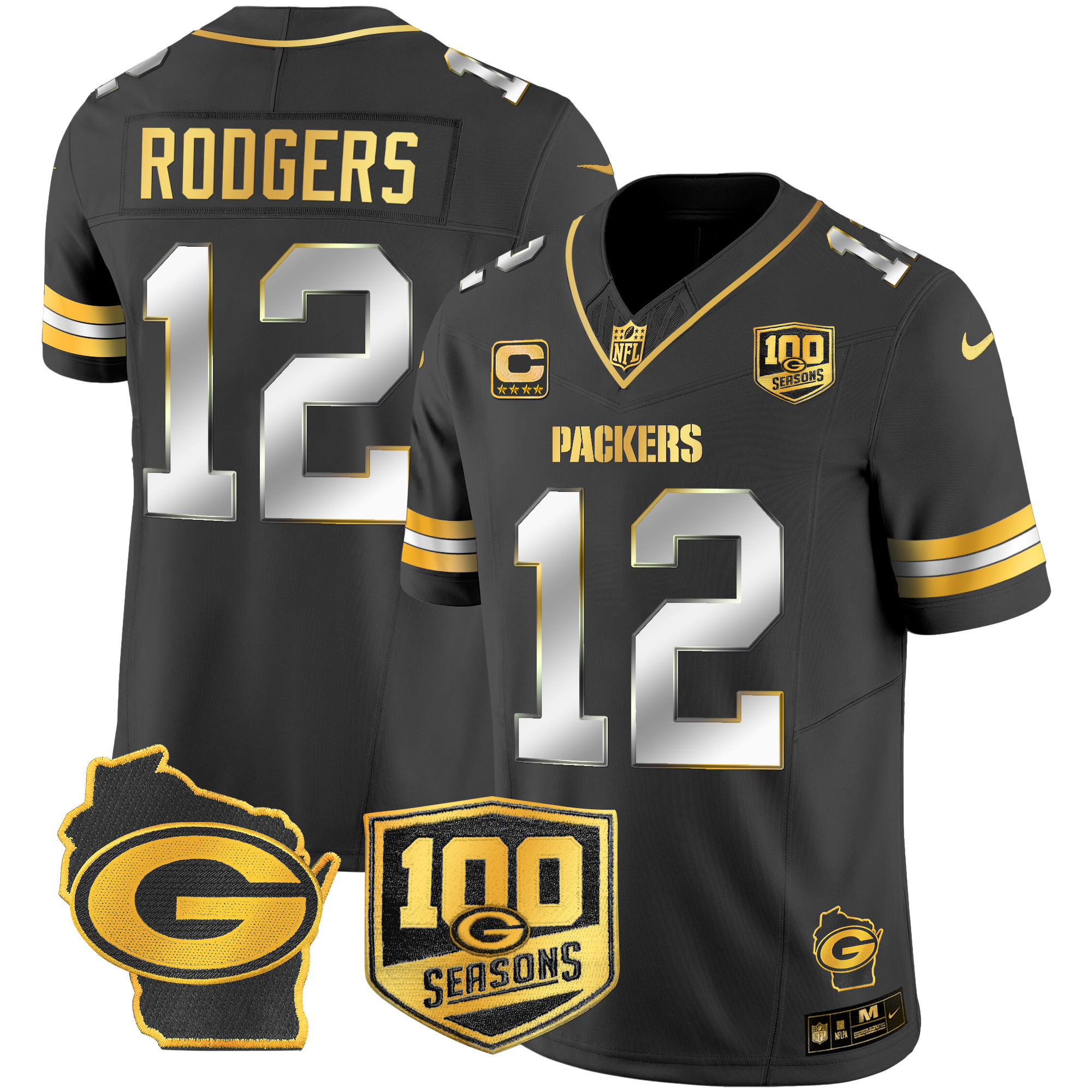Aaron Rodgers Men's Green Bay Packers 100th Season & Home Patch Gold Vapor Limited Jersey Ã¢â‚¬â€œ All Stitched Black Limited Jersey - All Stitched