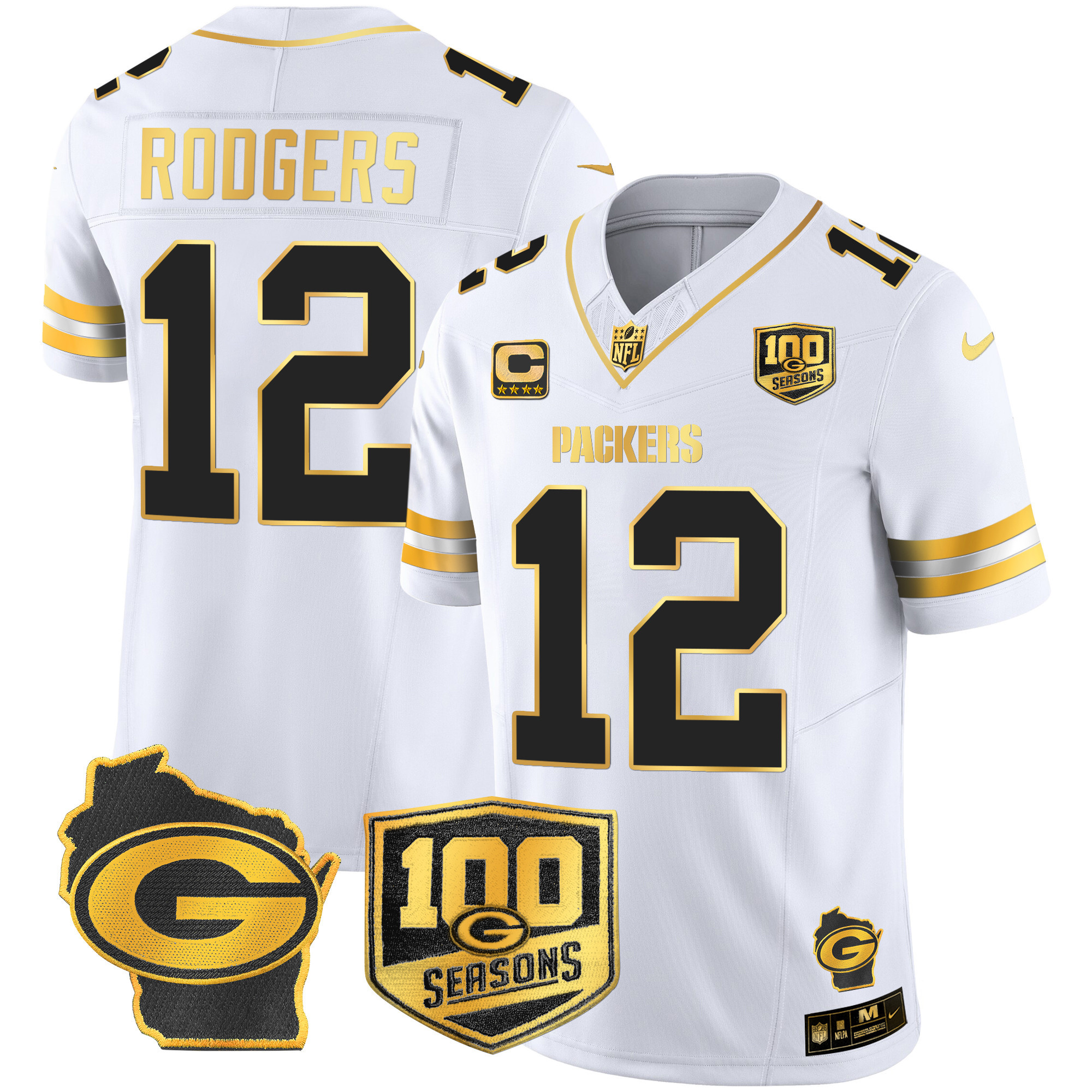 Aaron Rodgers Men's Green Bay Packers 100th Season & Home Patch Gold Vapor Limited Jersey ÃƒÂ¢Ã¢â€šÂ¬Ã¢â‚¬Å“ All Stitched White Gold Jersey - All Stitched