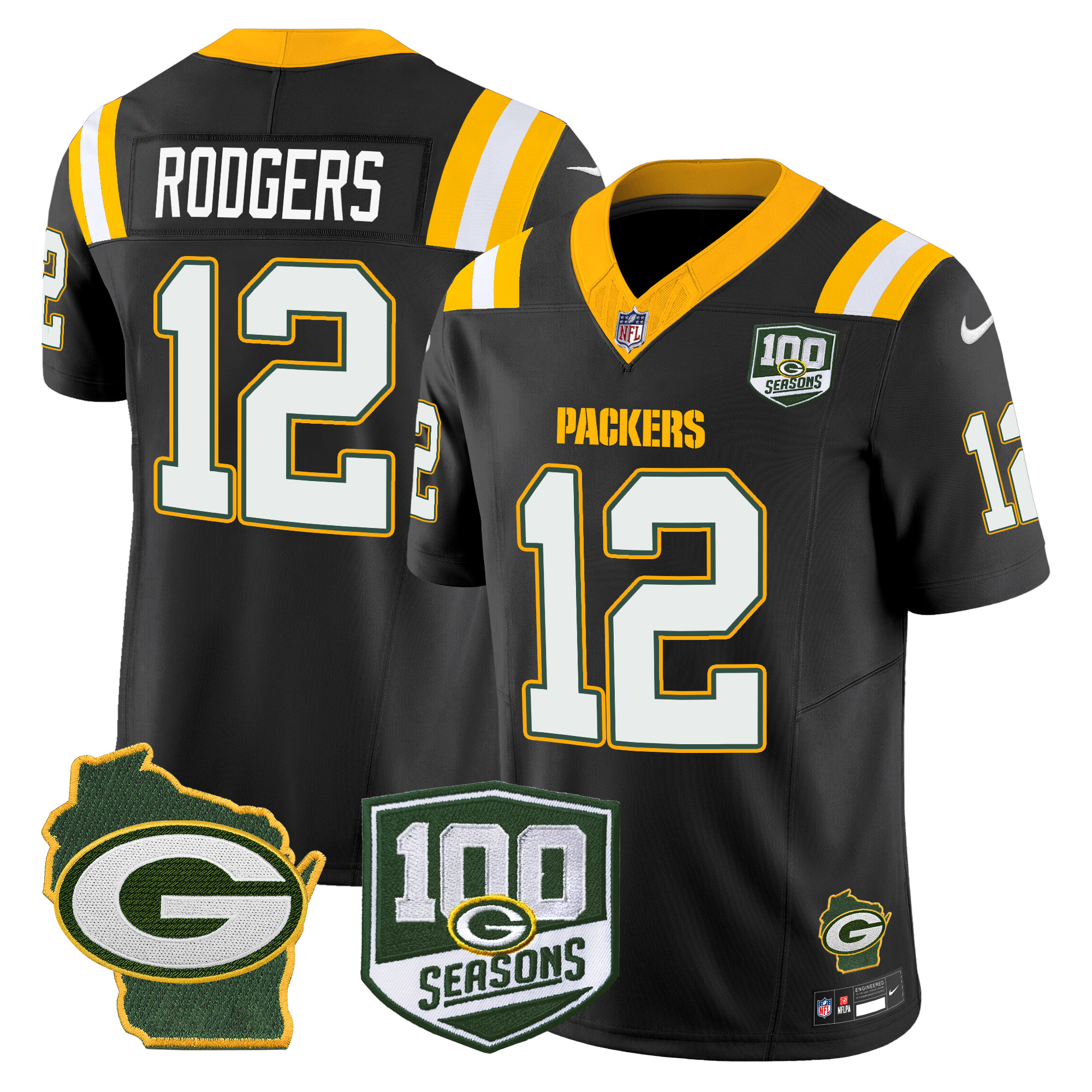 Aaron Rodgers Men's Green Bay Packers 100th Season & Home Patch Vapor Limited Black Jersey - All Stitched