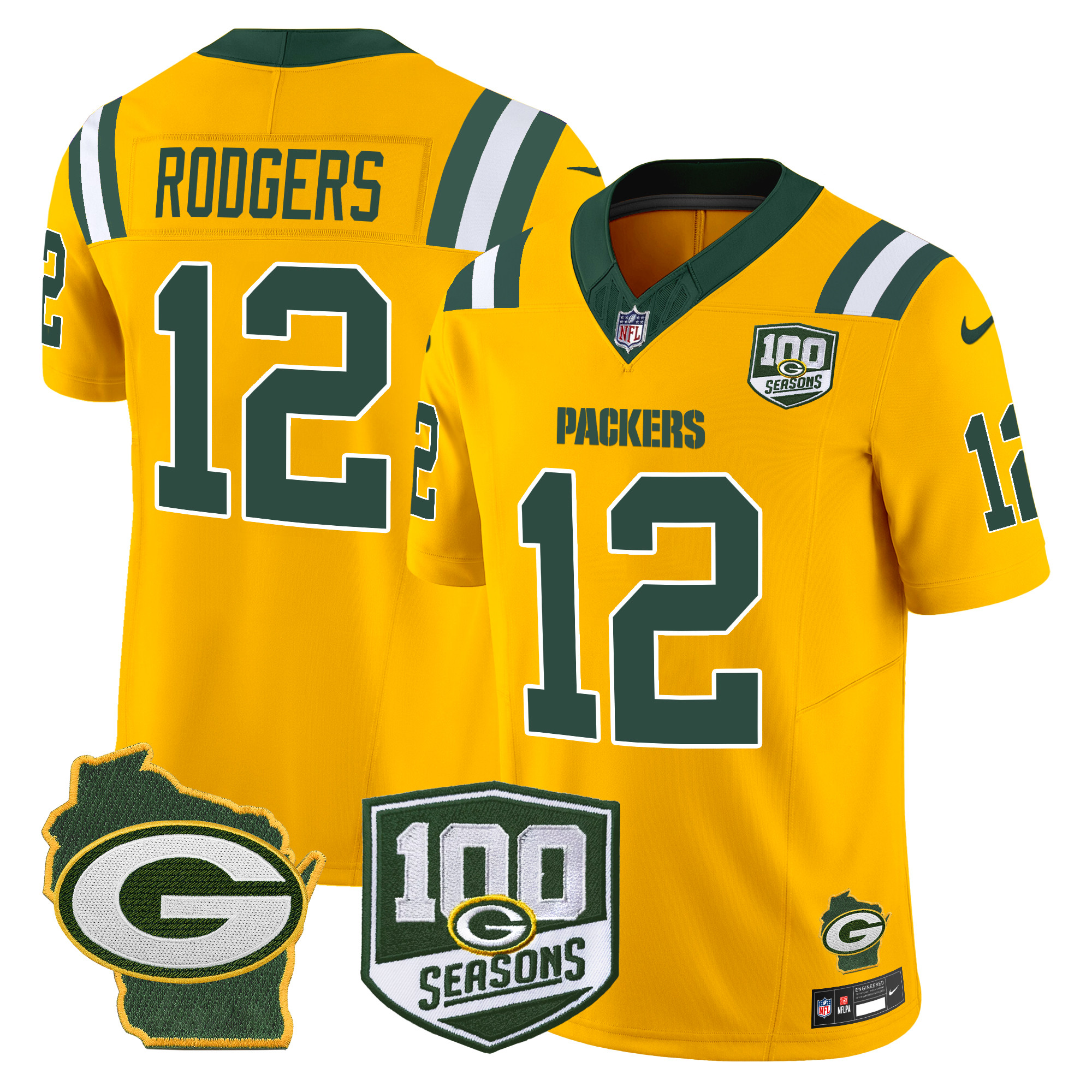 Aaron Rodgers Men's Green Bay Packers 100th Season & Home Patch Vapor Limited Gold Jersey - All Stitched