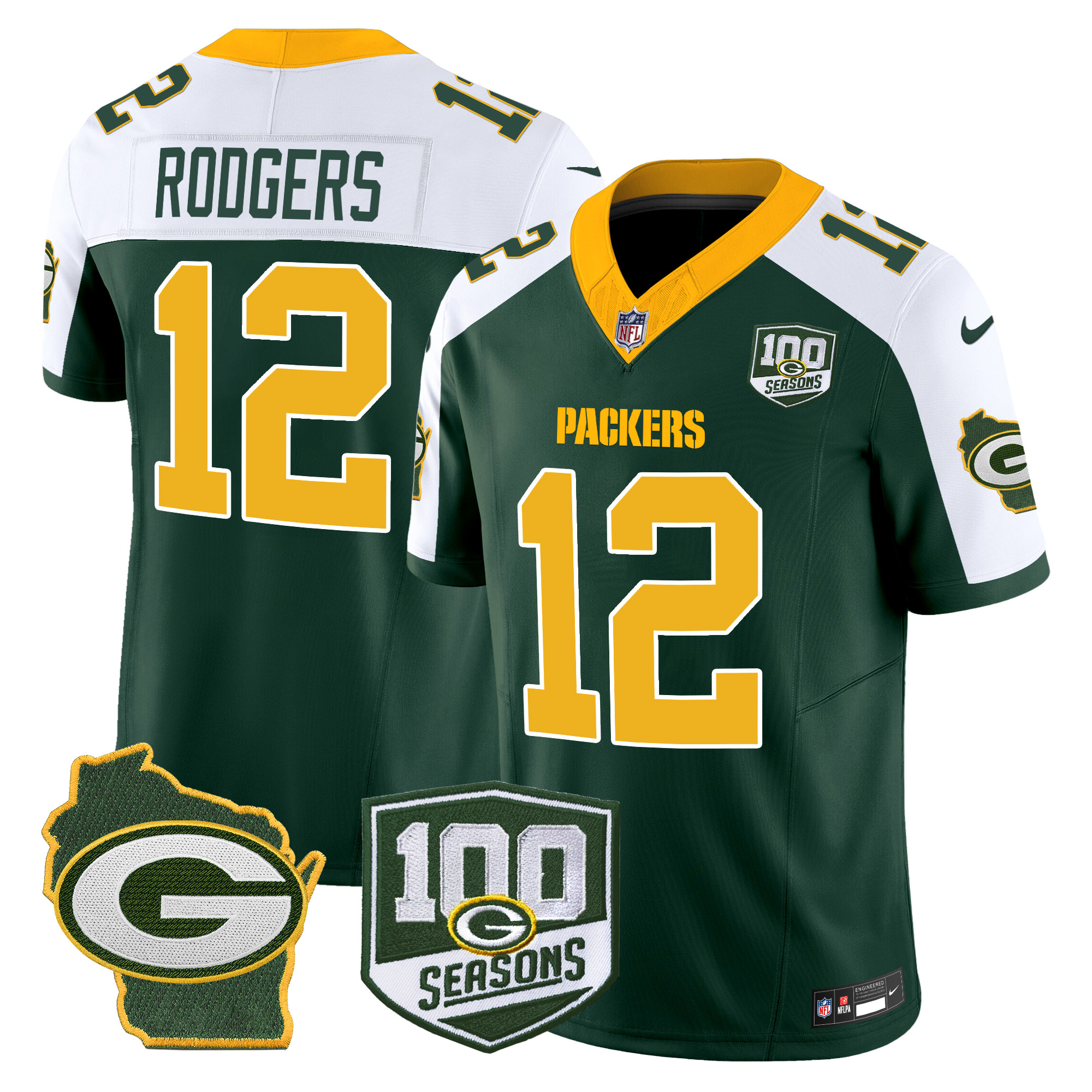 Aaron Rodgers Men's Green Bay Packers 100th Season & Home Patch Vapor Limited Green Alternate Jersey - All Stitched