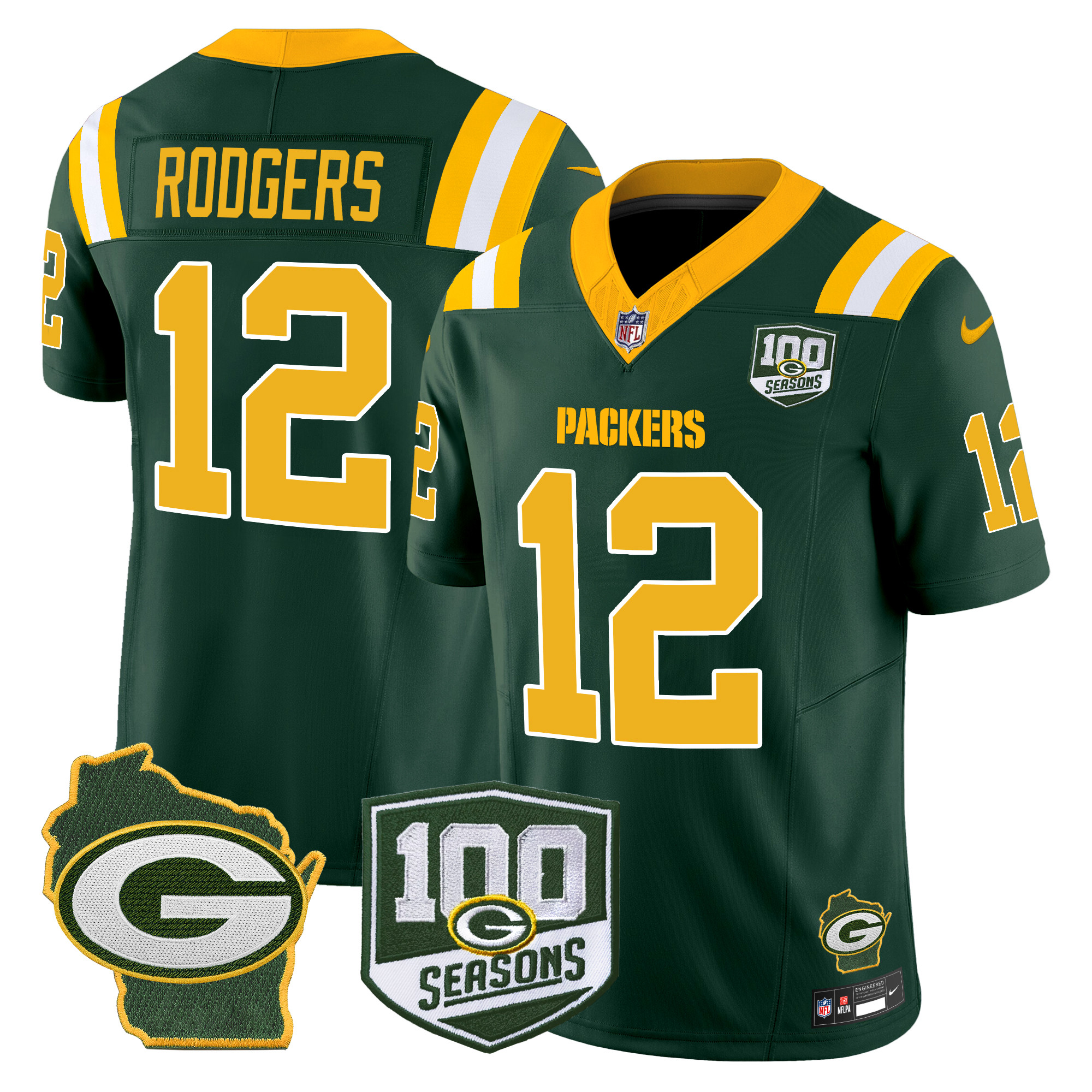 Aaron Rodgers Men's Green Bay Packers 100th Season & Home Patch Vapor Limited Green Jersey - All Stitched