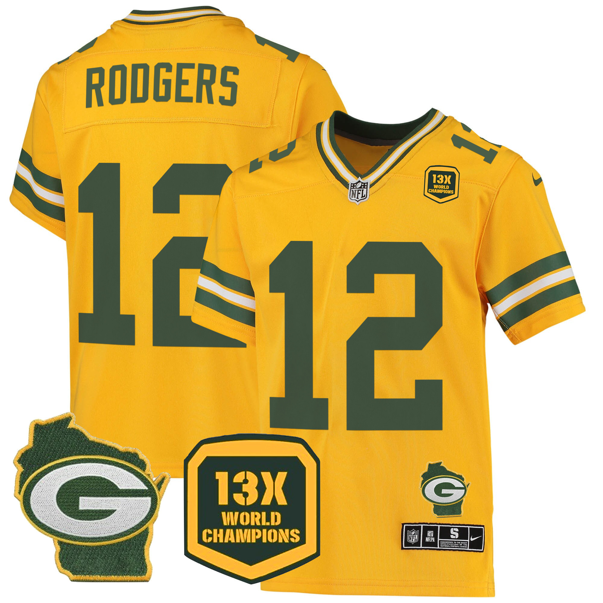 Aaron Rodgers Men's Green Bay Packers 13 Time World Champions & Home Patch Game Jersey Ã¯Â¿Â½ All Stitched Gold Jersey - All Stitched