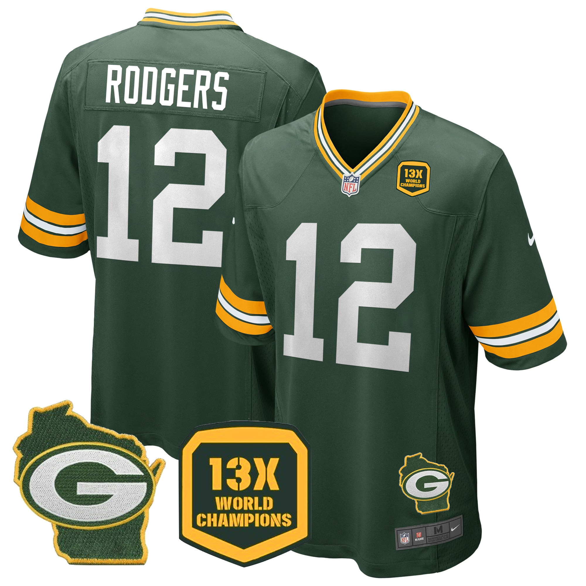 Aaron Rodgers Men's Green Bay Packers 13 Time World Champions & Home Patch Game Jersey Ã¯Â¿Â½ All Stitched Green Jersey - All Stitched