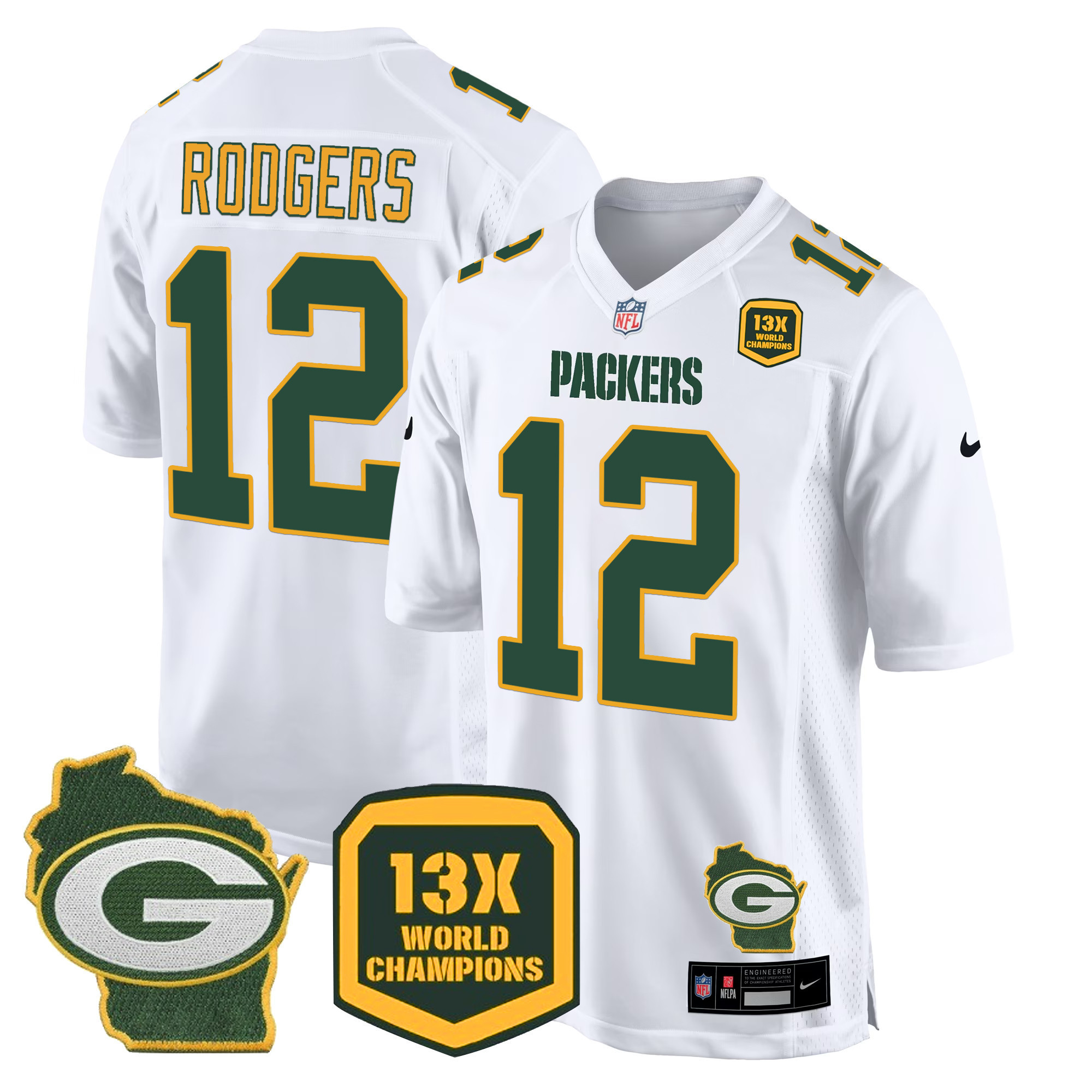 Aaron Rodgers Men's Green Bay Packers 13 Time World Champions & Home Patch Game Jersey Ã¯Â¿Â½ All Stitched White Jersey - All Stitched