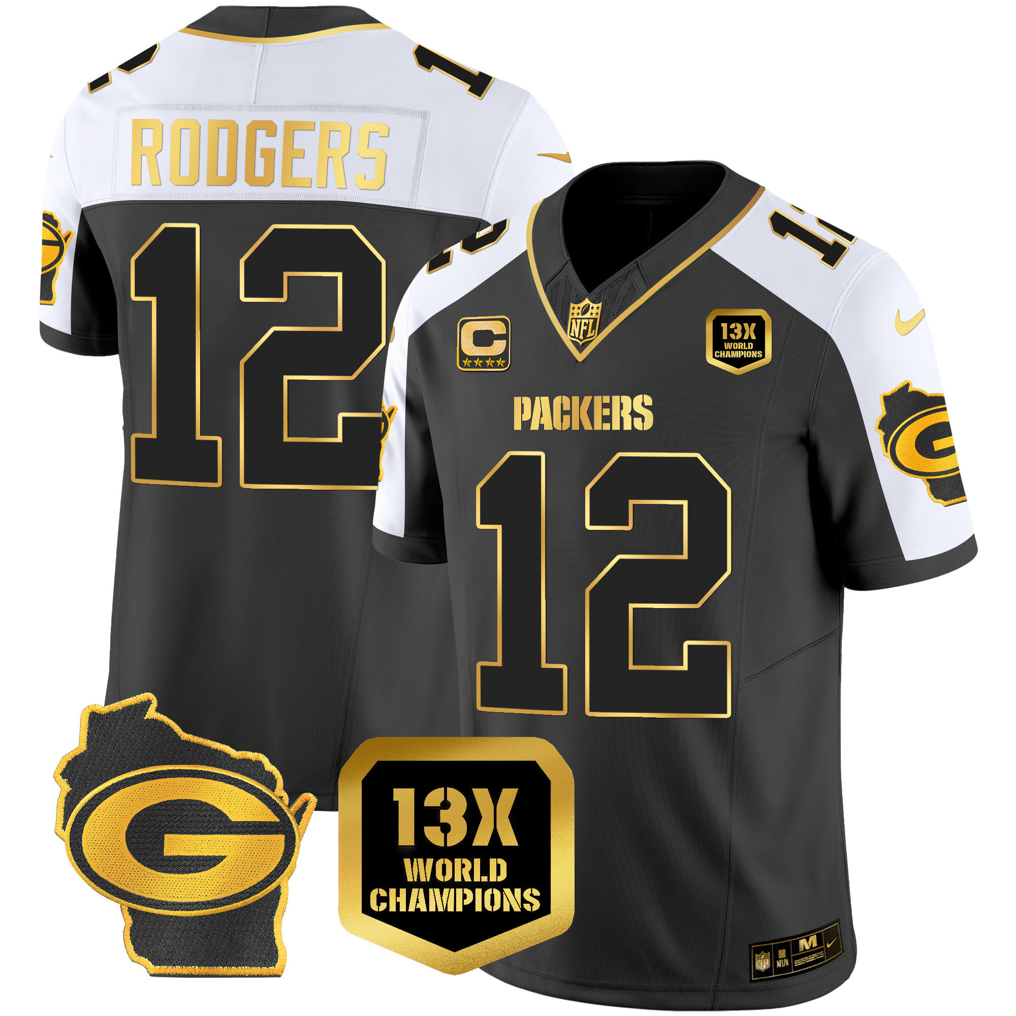 Aaron Rodgers Men's Green Bay Packers 13 Time World Champions & Home Patch Gold Vapor Jersey Ã¯Â¿Â½ All Stitched Alternate Jersey - All Stitched