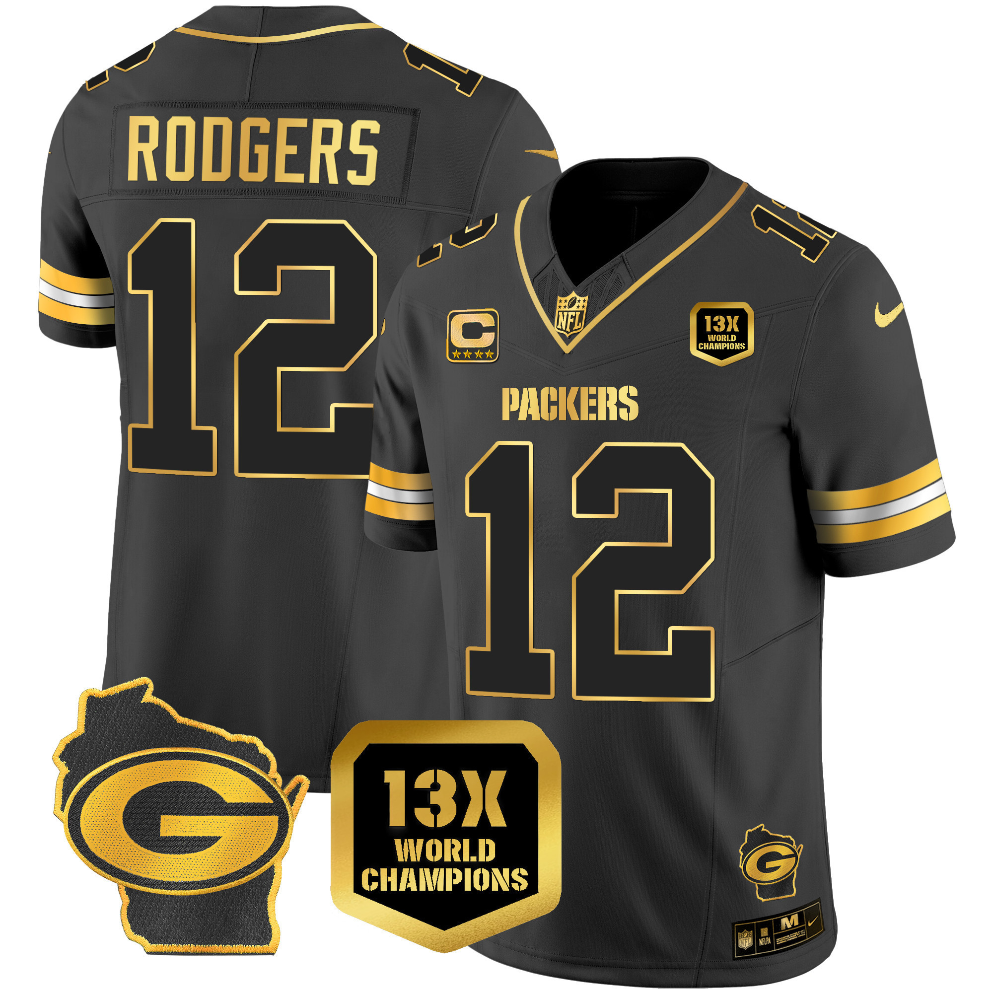 Aaron Rodgers Men's Green Bay Packers 13 Time World Champions & Home Patch Gold Vapor Jersey Ã¯Â¿Â½ All Stitched Black Gold Jersey - All Stitched