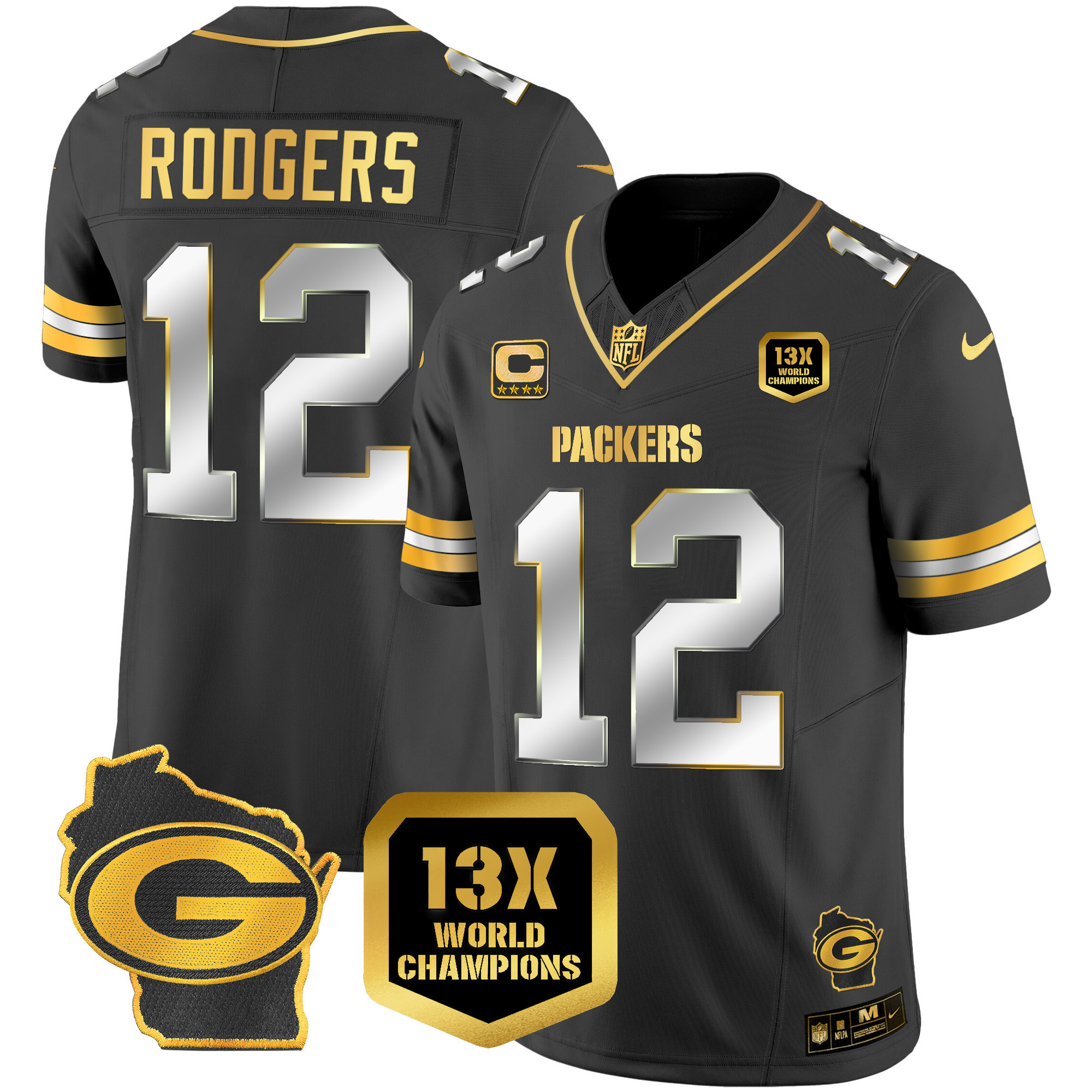 Aaron Rodgers Men's Green Bay Packers 13 Time World Champions & Home Patch Gold Vapor Jersey Ã¯Â¿Â½ All Stitched Black Limited Jersey - All Stitched