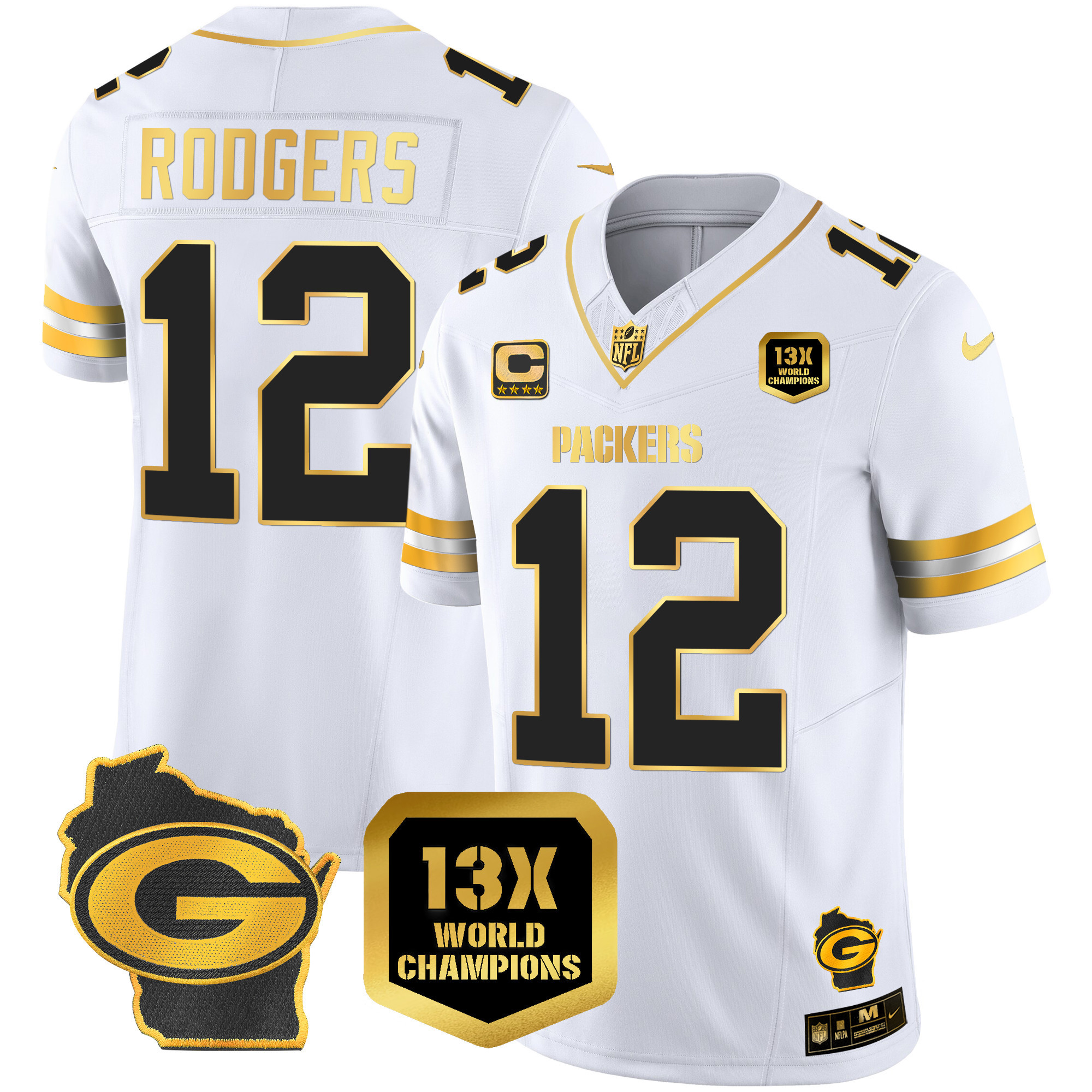 Aaron Rodgers Men's Green Bay Packers 13 Time World Champions & Home Patch Gold Vapor Jersey Ã¯Â¿Â½ All Stitched White Gold Jersey - All Stitched