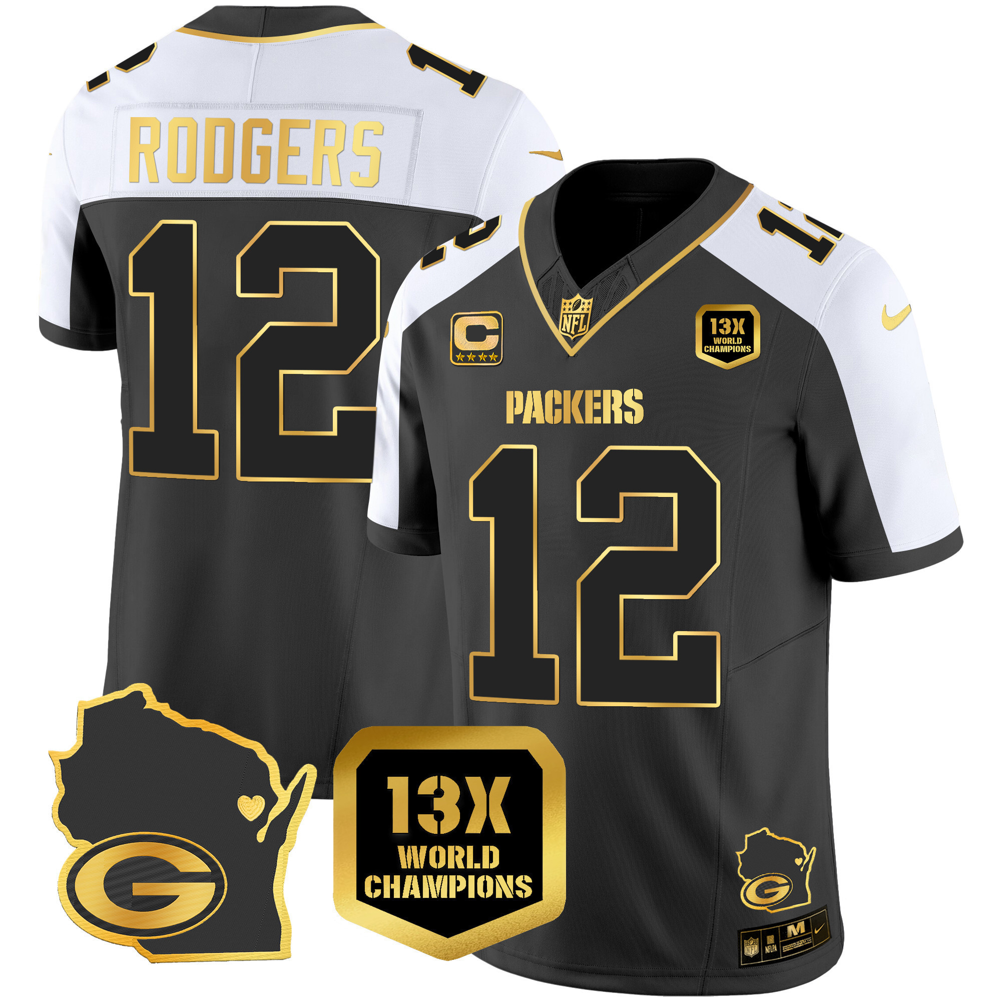 Aaron Rodgers Men's Green Bay Packers 13 Time World Champions & Home Patch Gold Vapor Jersey V2 Ã¯Â¿Â½ All Stitched Alternate Jersey - All Stitched
