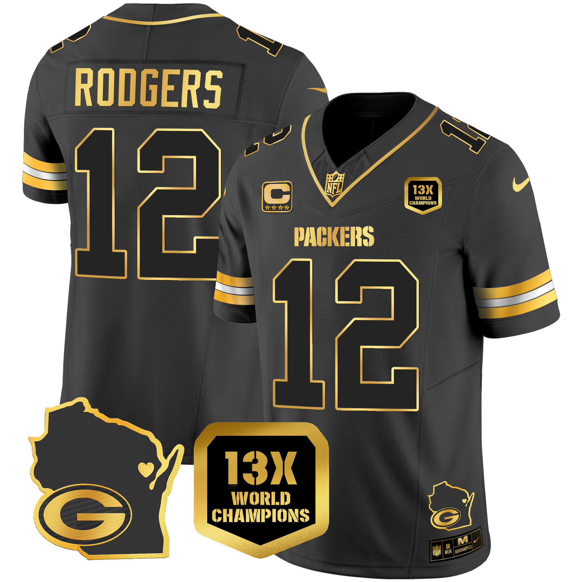 Aaron Rodgers Men's Green Bay Packers 13 Time World Champions & Home Patch Gold Vapor Jersey V2 Ã¯Â¿Â½ All Stitched Black Gold Jersey - All Stitched