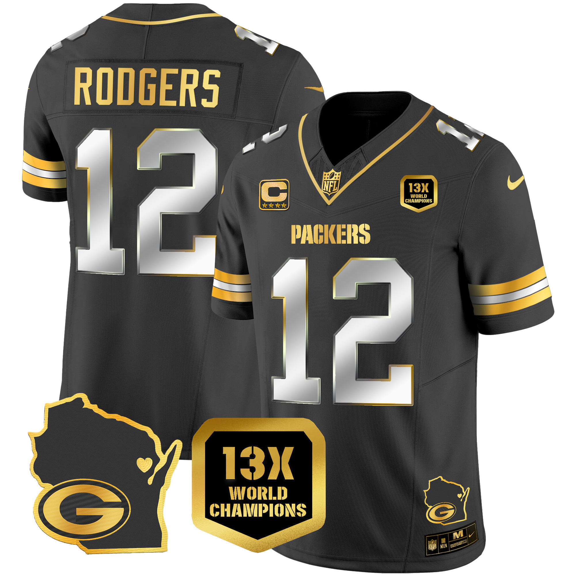 Aaron Rodgers Men's Green Bay Packers 13 Time World Champions & Home Patch Gold Vapor Jersey V2 Ã¯Â¿Â½ All Stitched Black Limited Jersey - All Stitched