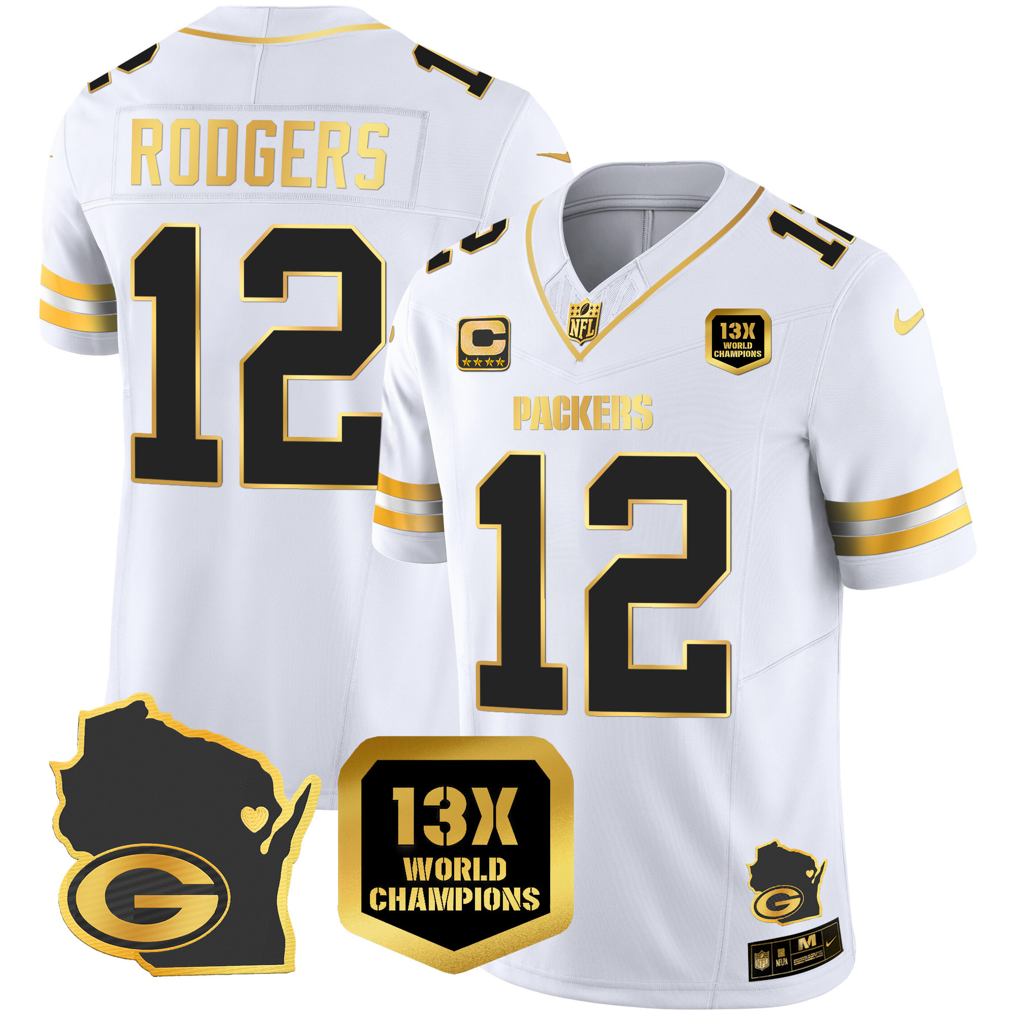 Aaron Rodgers Men's Green Bay Packers 13 Time World Champions & Home Patch Gold Vapor Jersey V2 Ã¯Â¿Â½ All Stitched White Gold Jersey - All Stitched