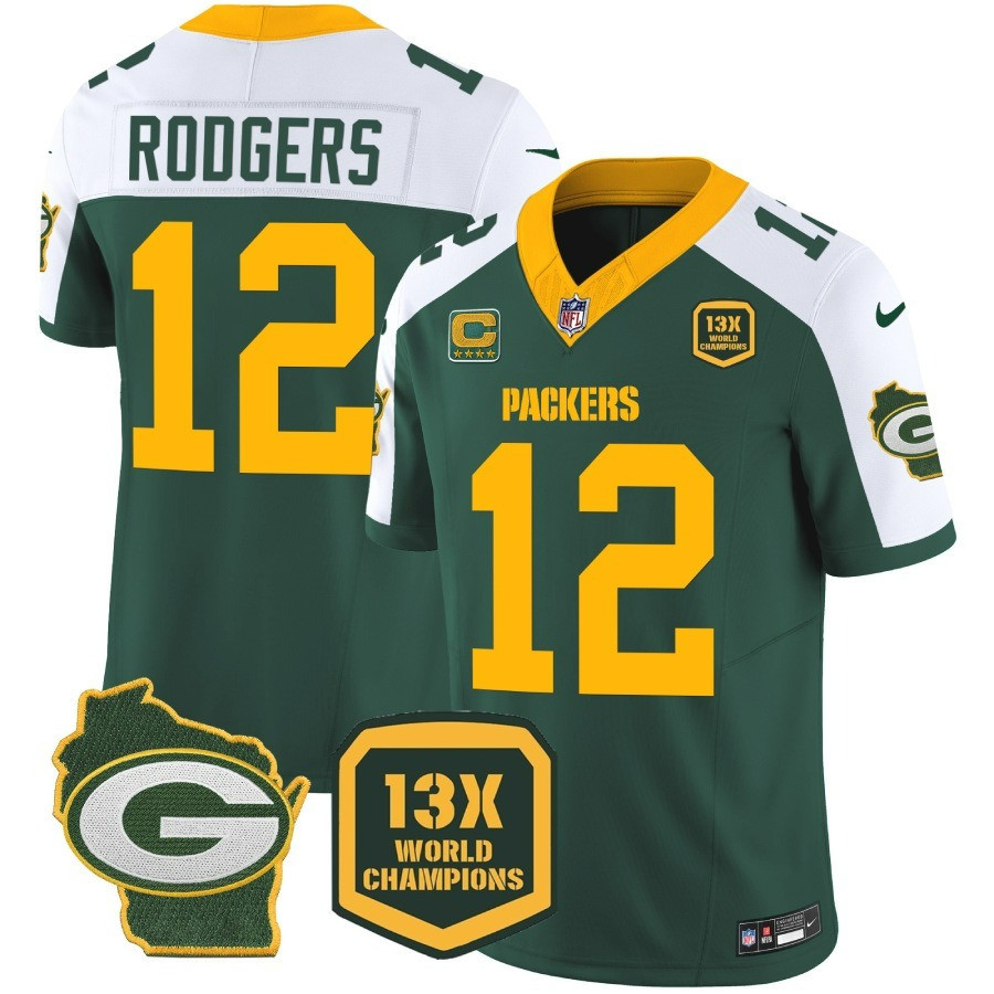 Aaron Rodgers Men's Green Bay Packers 13 Time World Champions & Home Patch Vapor Jersey Ã¯Â¿Â½ All Stitched Alternate Jersey - All Stitched