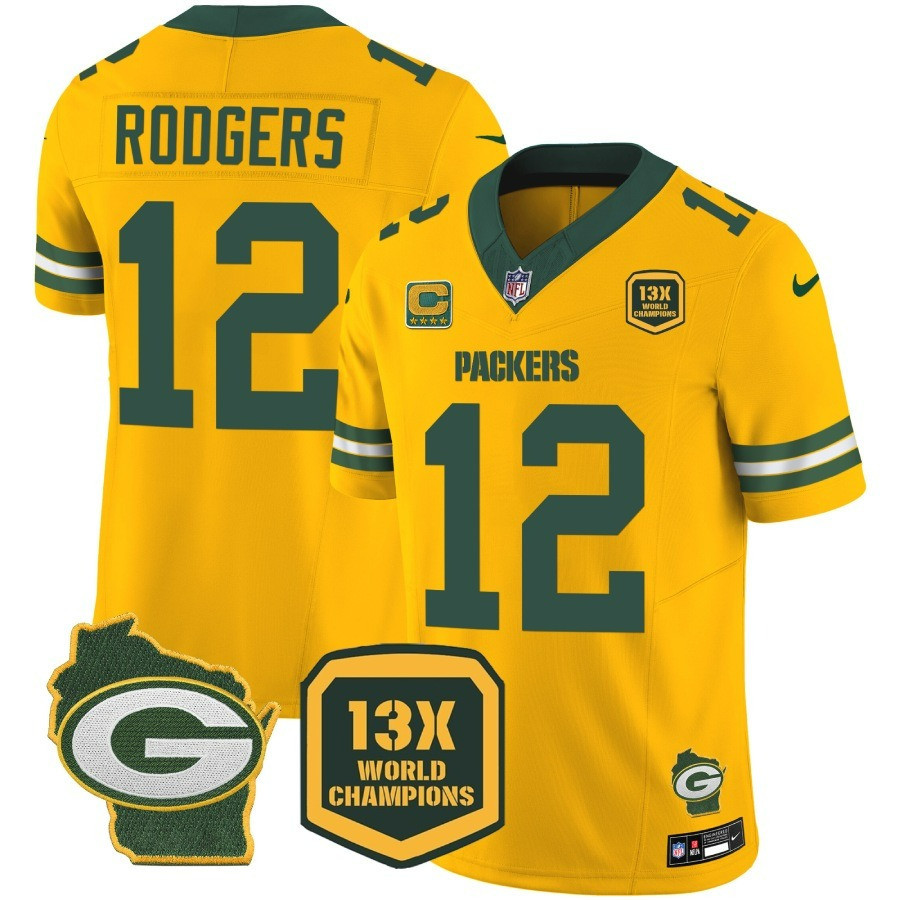 Aaron Rodgers Men's Green Bay Packers 13 Time World Champions & Home Patch Vapor Jersey Ã¯Â¿Â½ All Stitched Gold Jersey - All Stitched