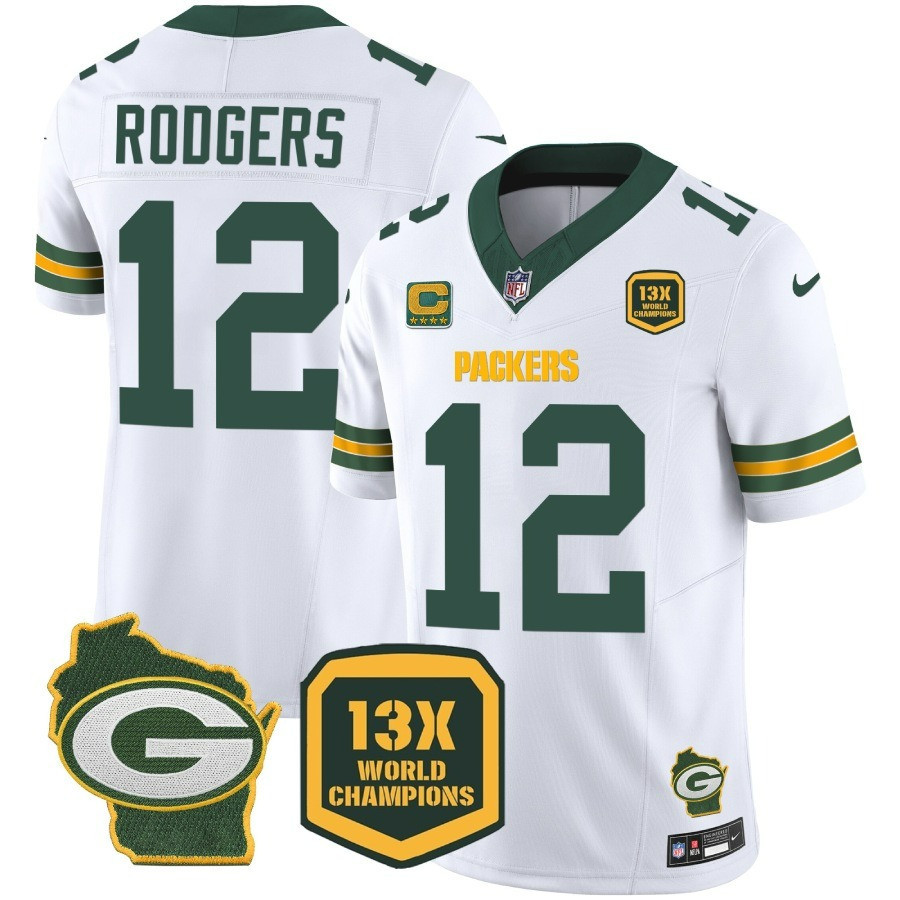 Aaron Rodgers Men's Green Bay Packers 13 Time World Champions & Home Patch Vapor Jersey Ã¯Â¿Â½ All Stitched White Jersey - All Stitched