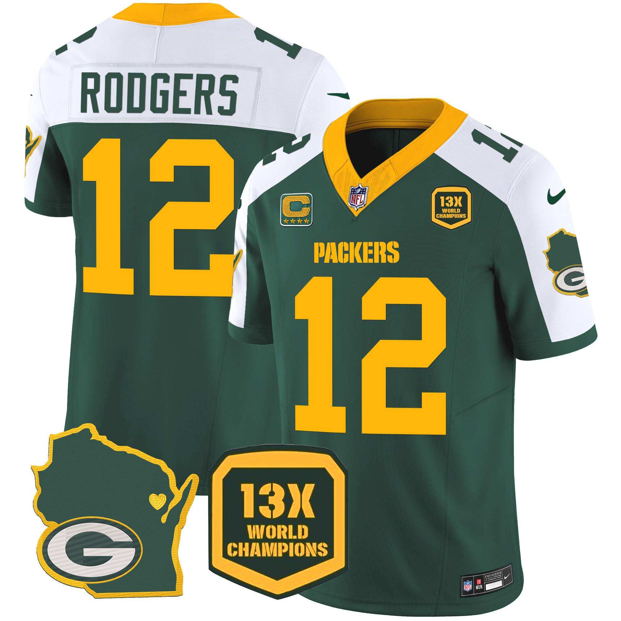 Aaron Rodgers Men's Green Bay Packers 13 Time World Champions & Home Patch Vapor Jersey V2 Ã¯Â¿Â½ All Stitched Alternate Jersey - All Stitched