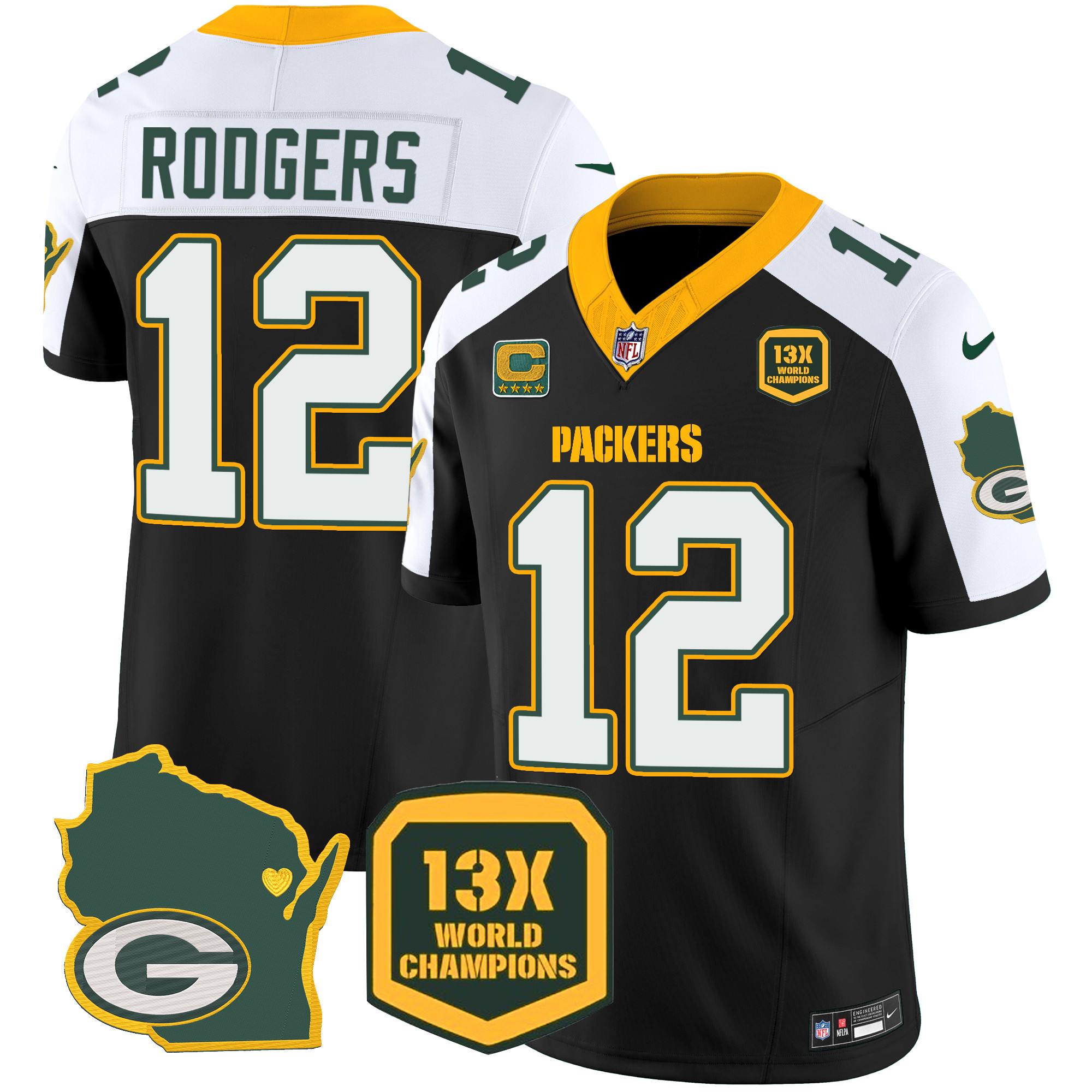 Aaron Rodgers Men's Green Bay Packers 13 Time World Champions & Home Patch Vapor Jersey V2 Ã¯Â¿Â½ All Stitched Black Alternate Jersey - All Stitched