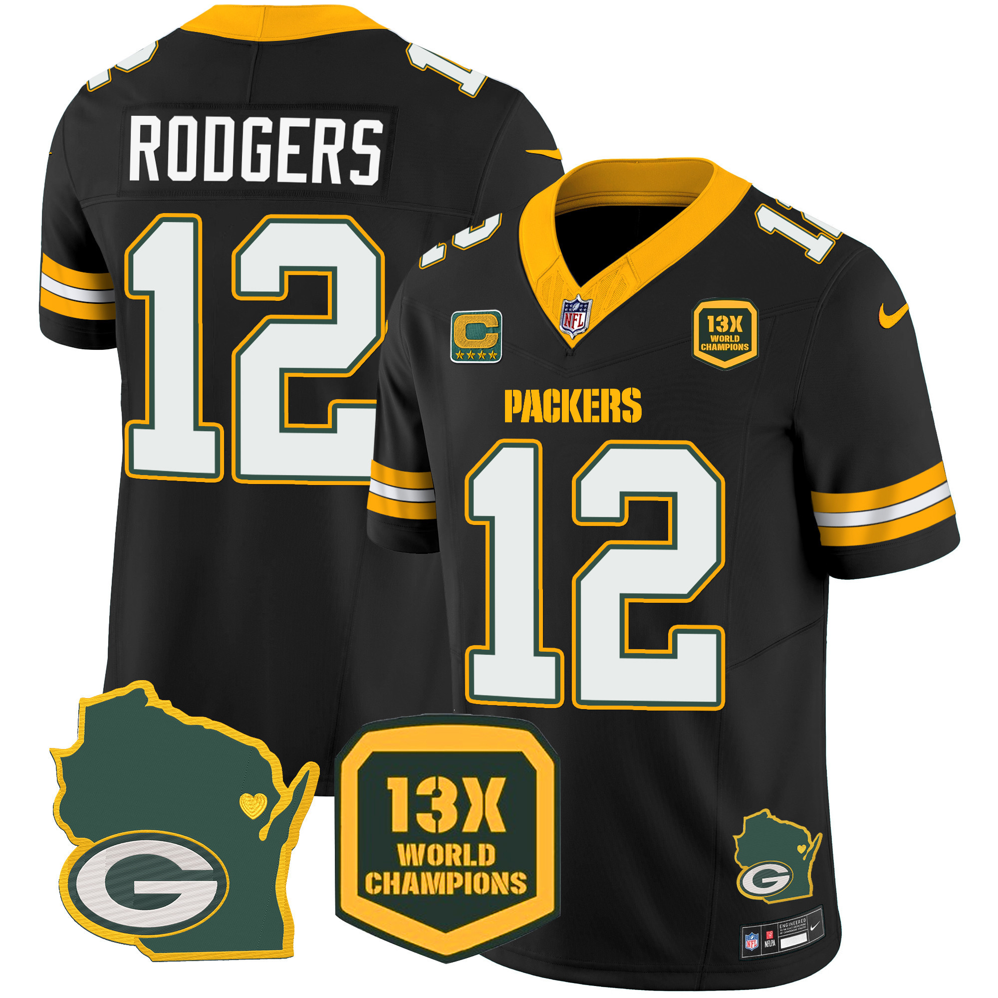 Aaron Rodgers Men's Green Bay Packers 13 Time World Champions & Home Patch Vapor Jersey V2 Ã¯Â¿Â½ All Stitched Black Jersey - All Stitched