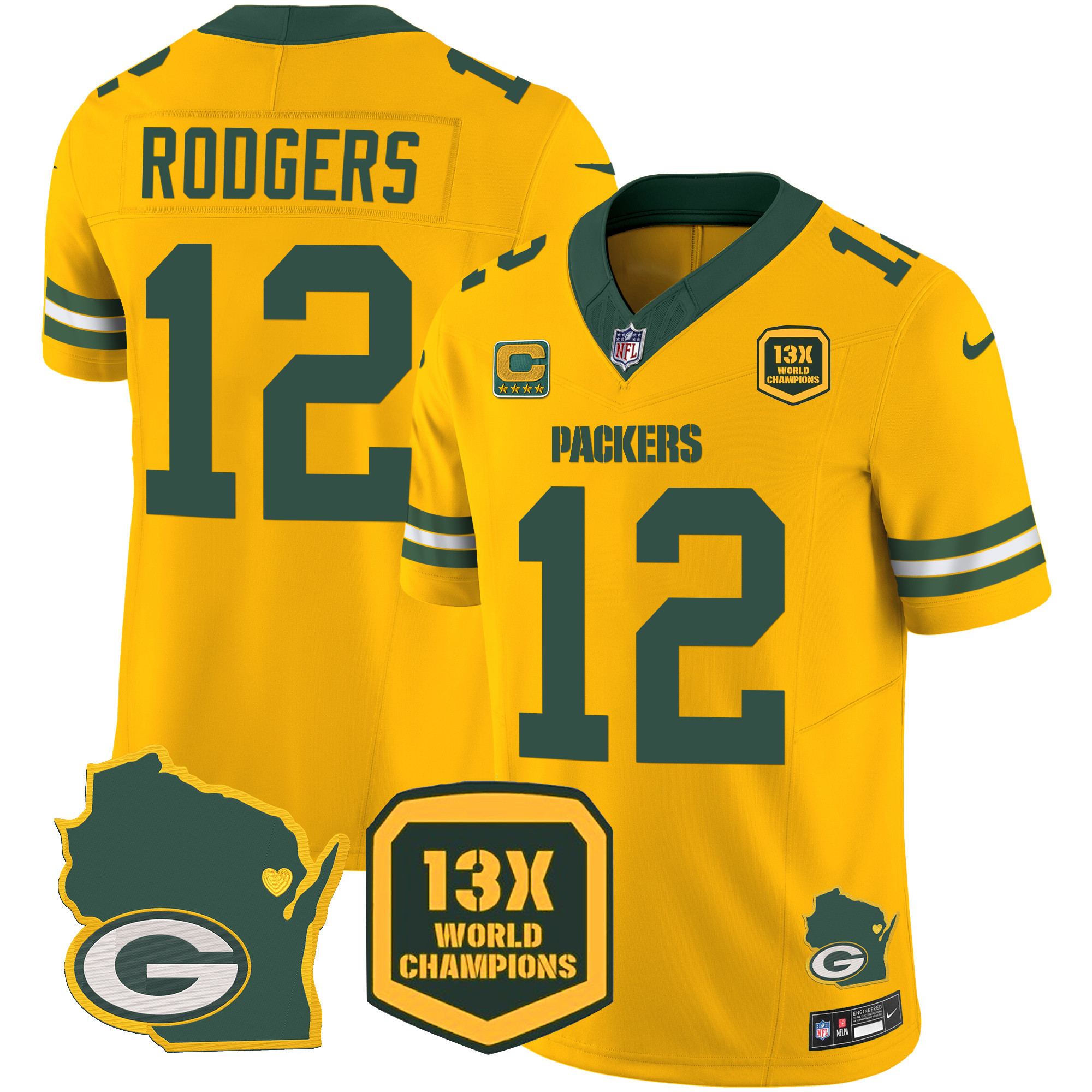 Aaron Rodgers Men's Green Bay Packers 13 Time World Champions & Home Patch Vapor Jersey V2 Ã¯Â¿Â½ All Stitched Gold Jersey - All Stitched