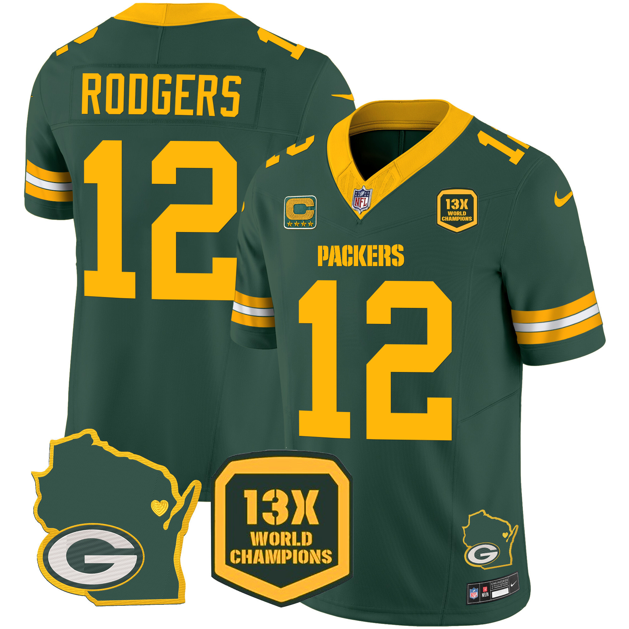 Aaron Rodgers Men's Green Bay Packers 13 Time World Champions & Home Patch Vapor Jersey V2 Ã¯Â¿Â½ All Stitched Green Jersey - All Stitched