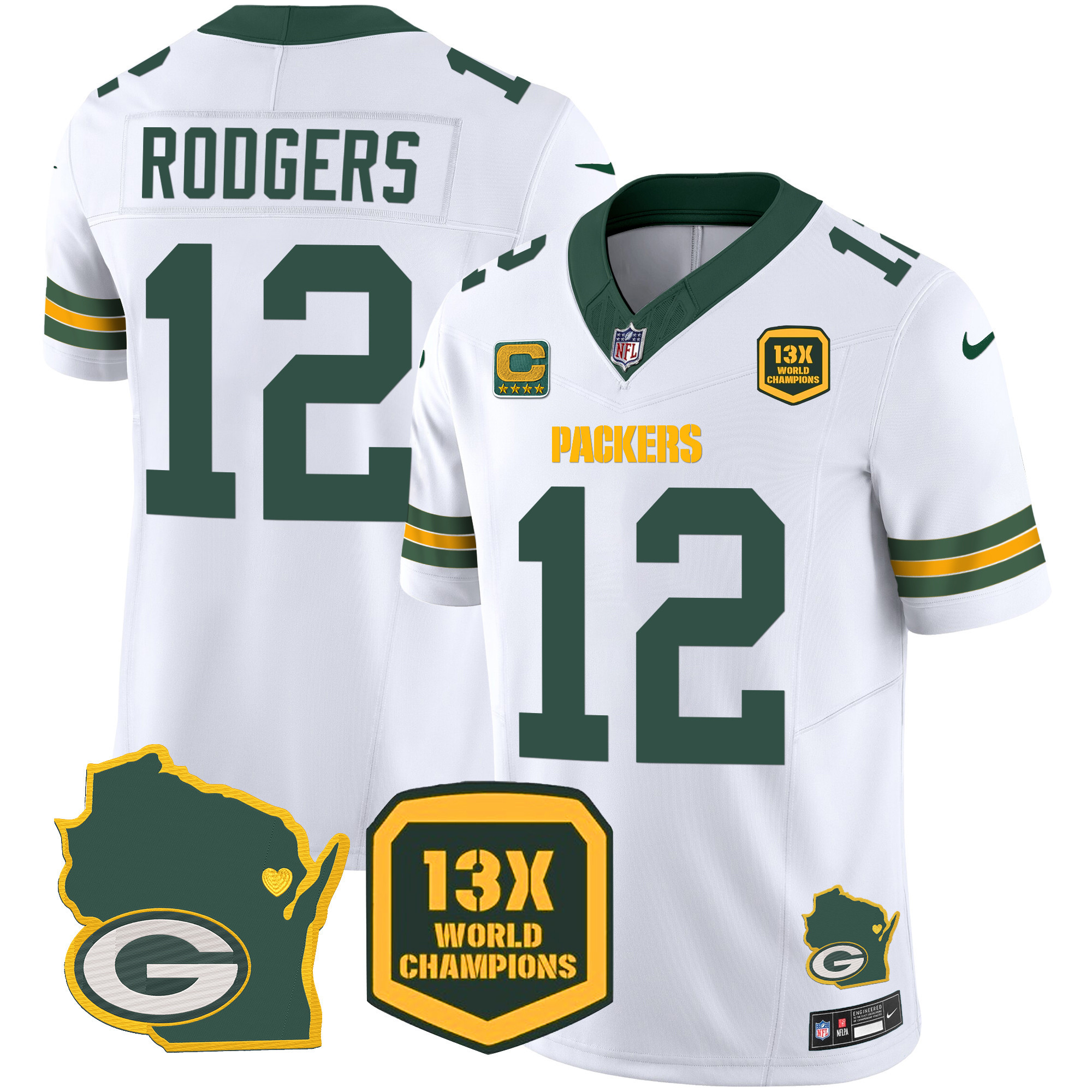 Aaron Rodgers Men's Green Bay Packers 13 Time World Champions & Home Patch Vapor Jersey V2 � All Stitched White Jersey - All Stitched